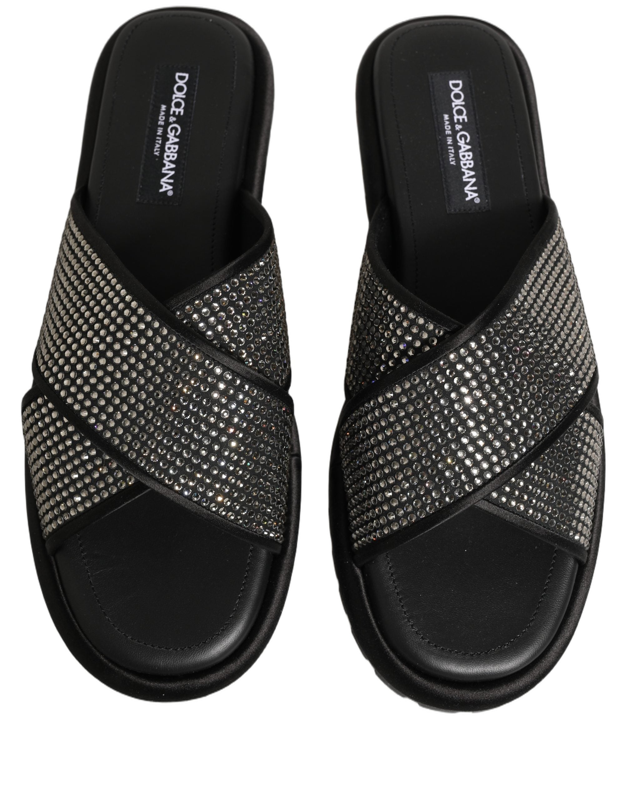 Dolce & Gabbana Black Strass Criss Cross Slide Sandals Men's Shoes