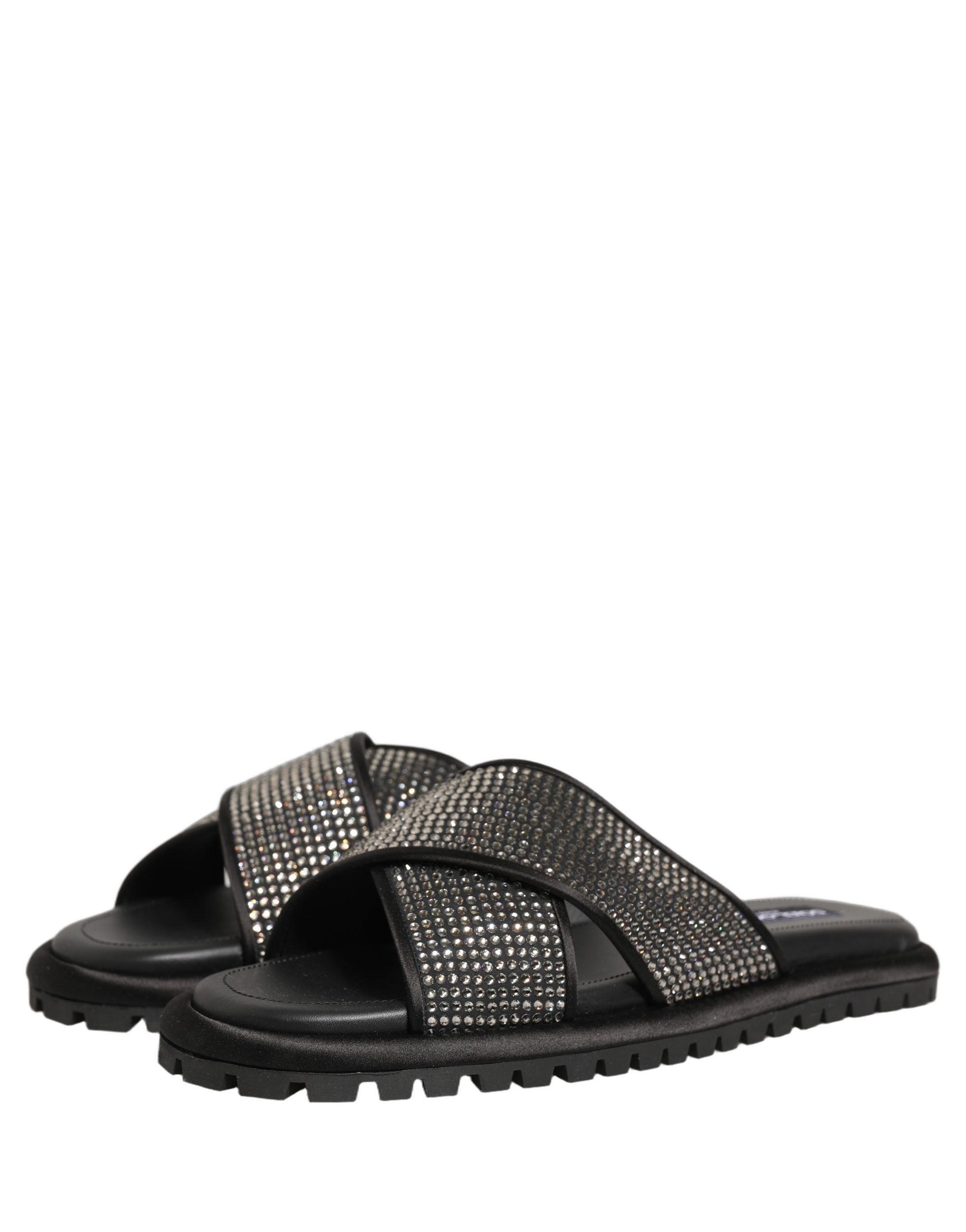 Dolce & Gabbana Black Strass Criss Cross Slide Sandals Men's Shoes