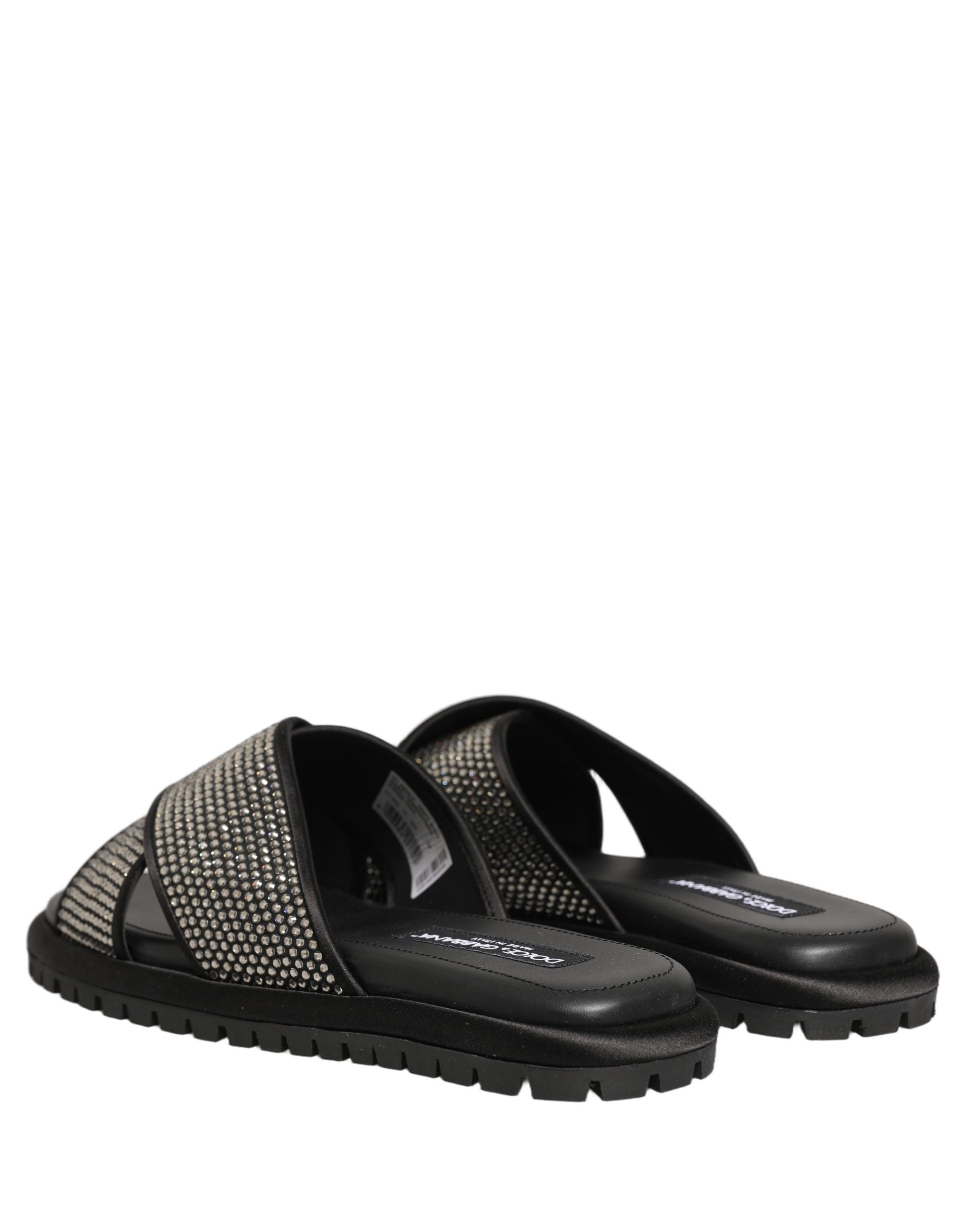 Dolce & Gabbana Black Strass Criss Cross Slide Sandals Men's Shoes
