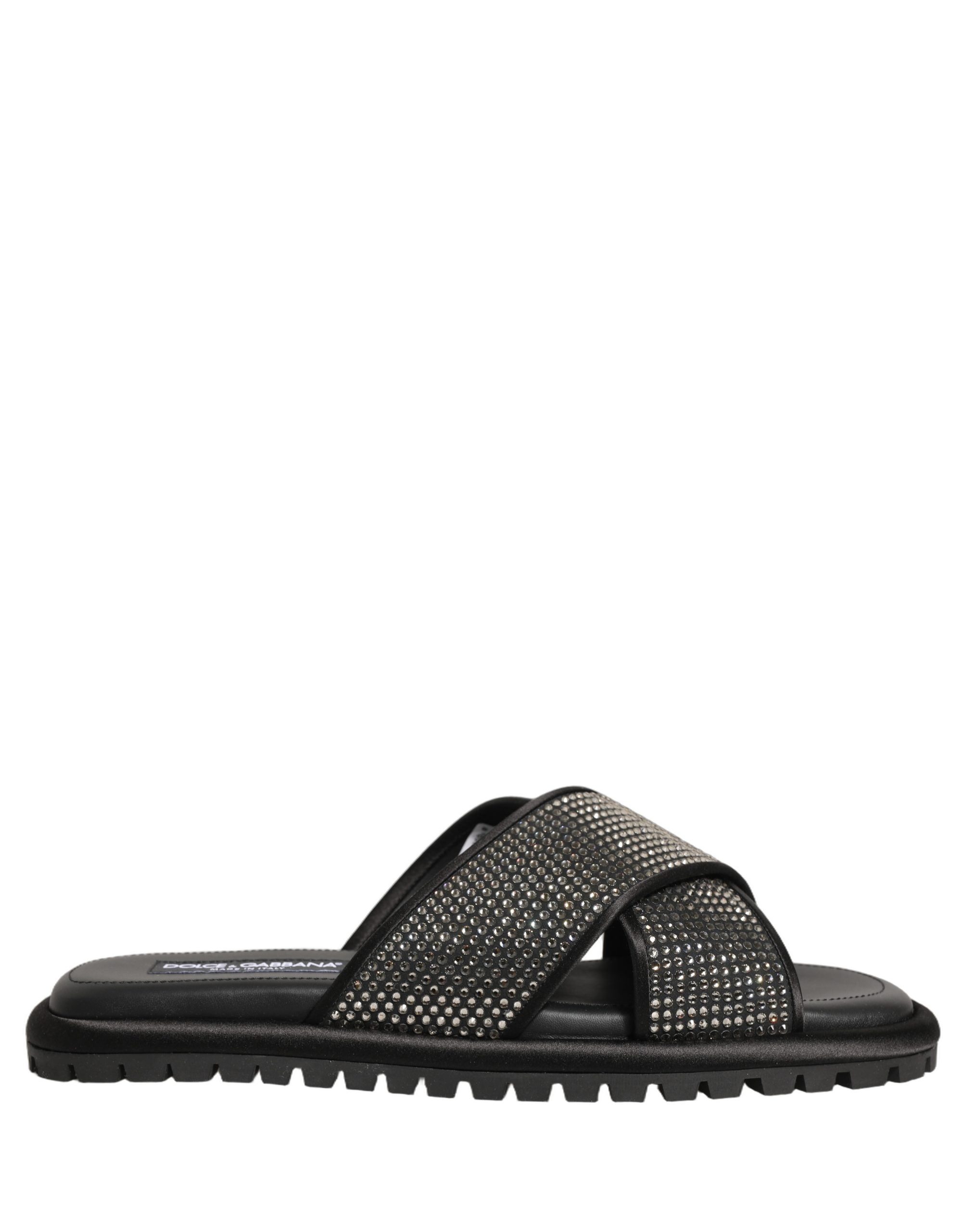 Dolce & Gabbana Black Strass Criss Cross Slide Sandals Men's Shoes