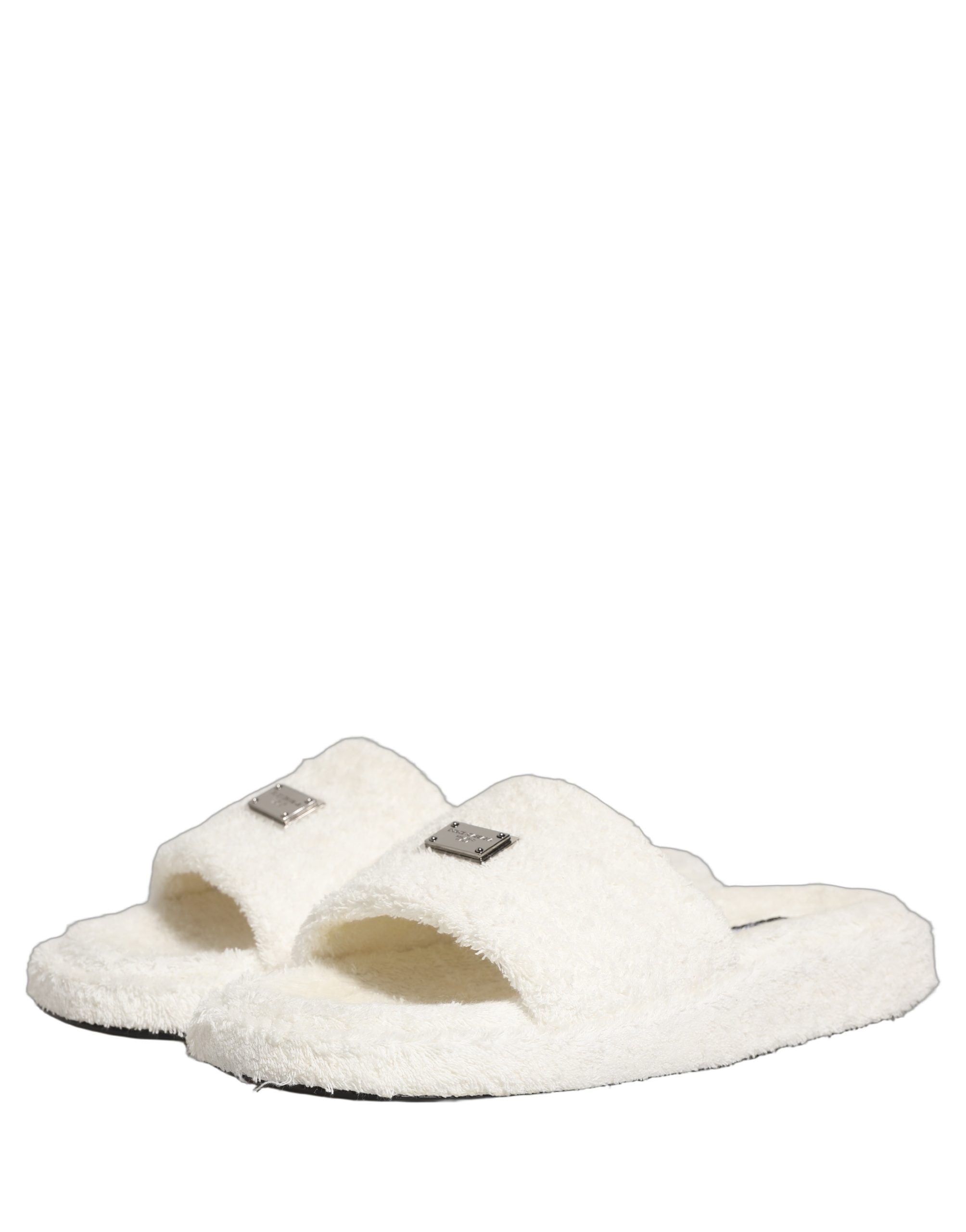 Dolce & Gabbana White Faux Fur Flats Men Slides Sandals Men's Shoes (Pre-Owned)