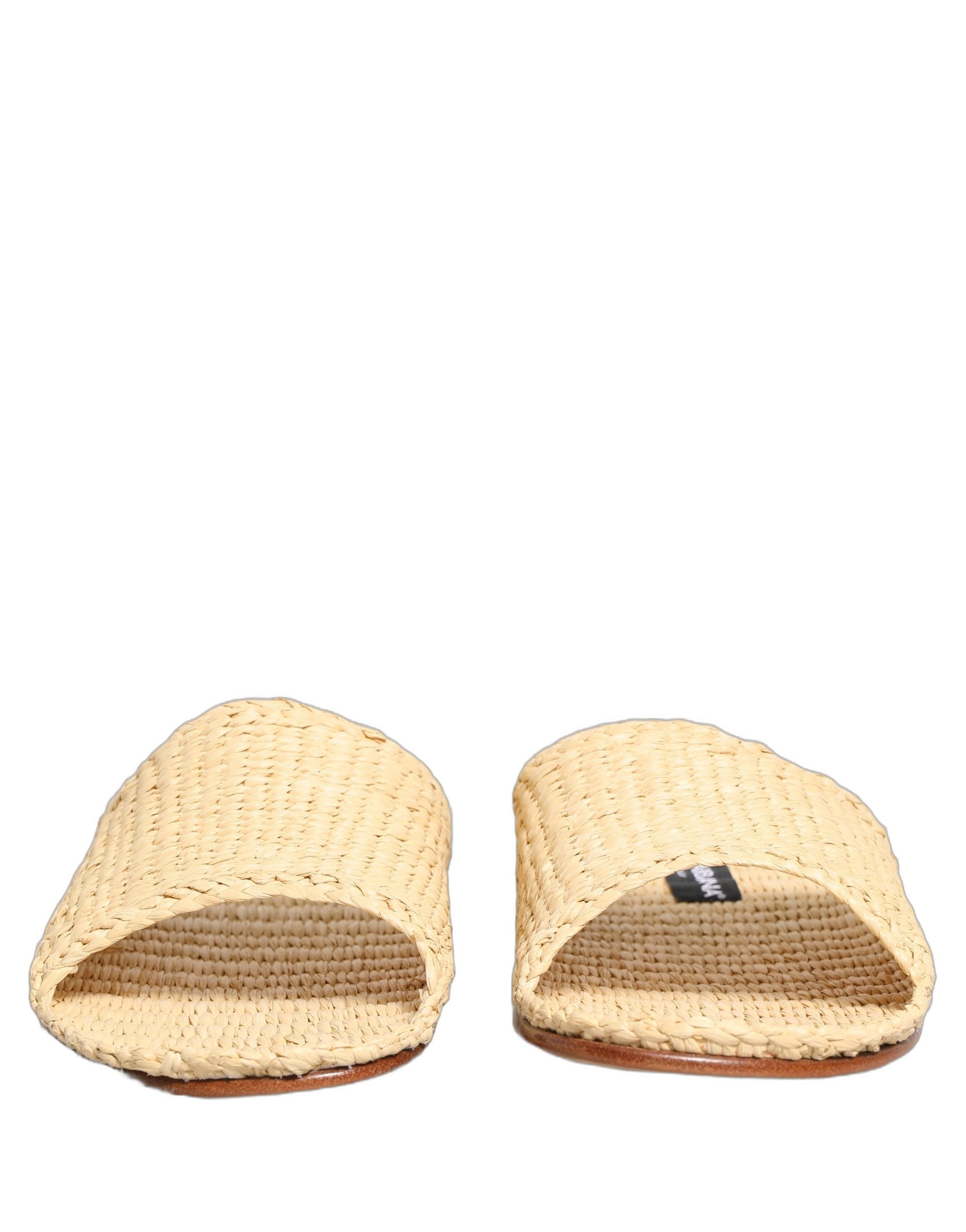 Dolce & Gabbana Beige Straw Raffia Slides Sandals Flats Men's Shoes