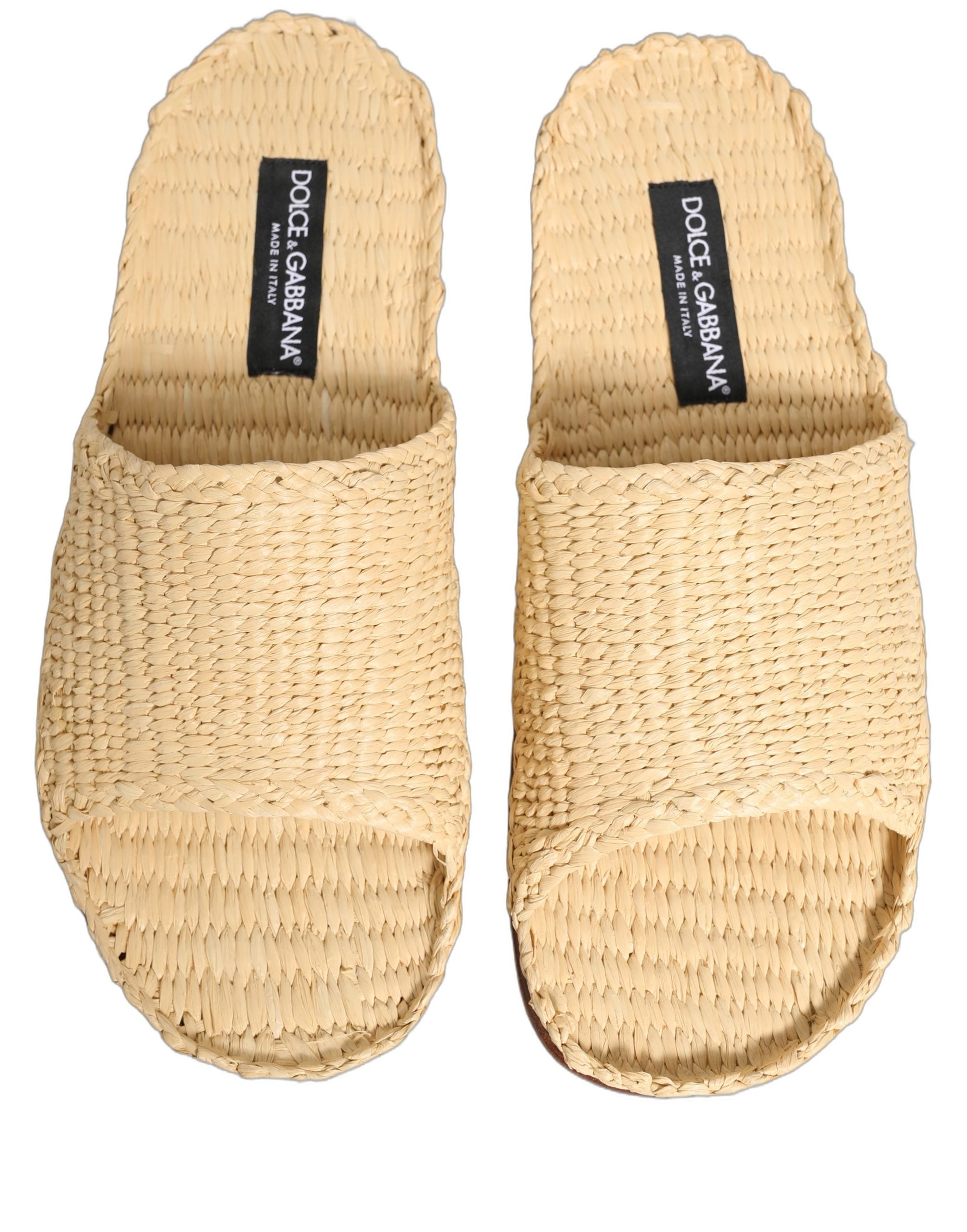 Dolce & Gabbana Beige Straw Raffia Slides Sandals Flats Men's Shoes
