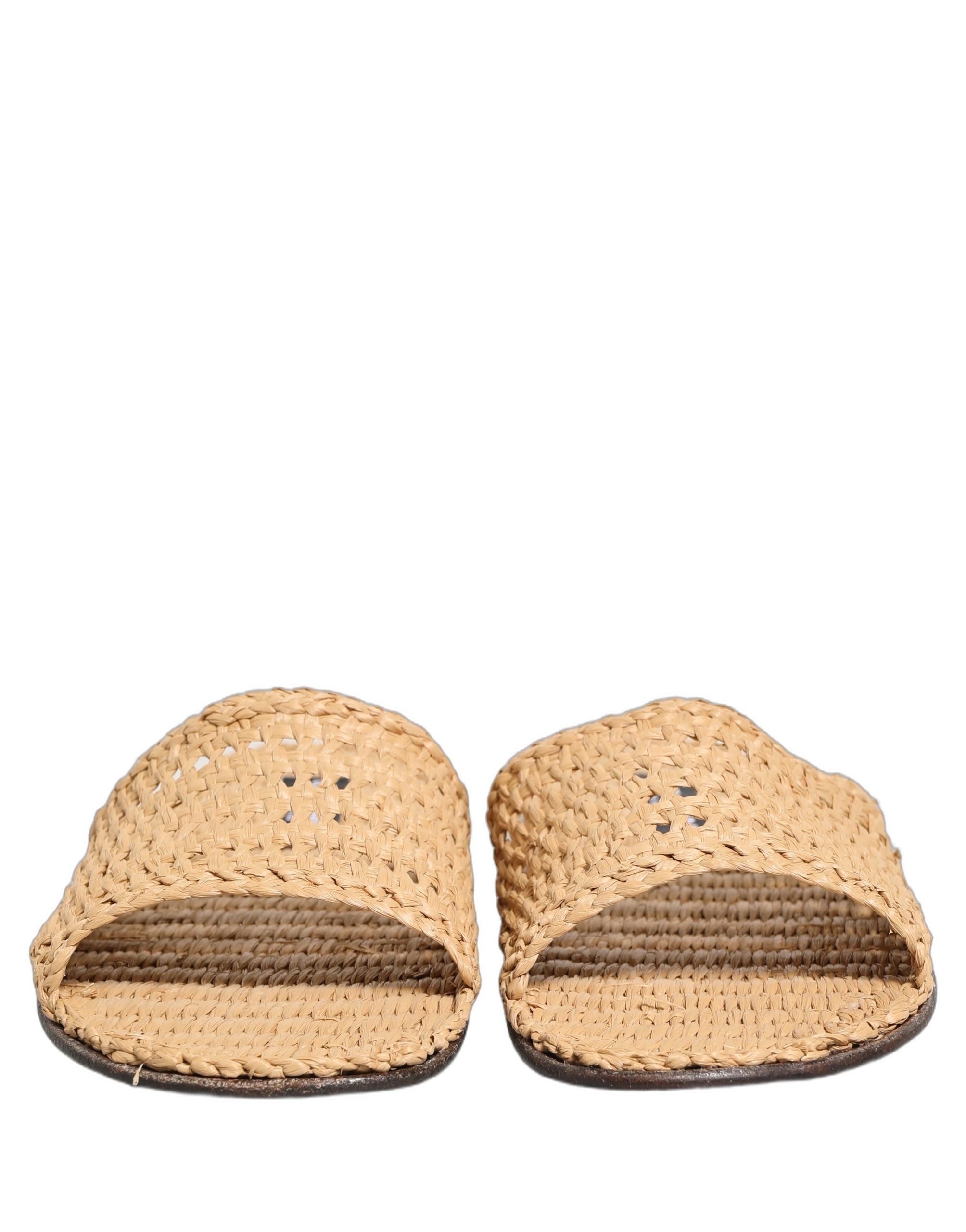 Dolce & Gabbana Beige Straw Raffia Slides Sandals Flats Men's Shoes