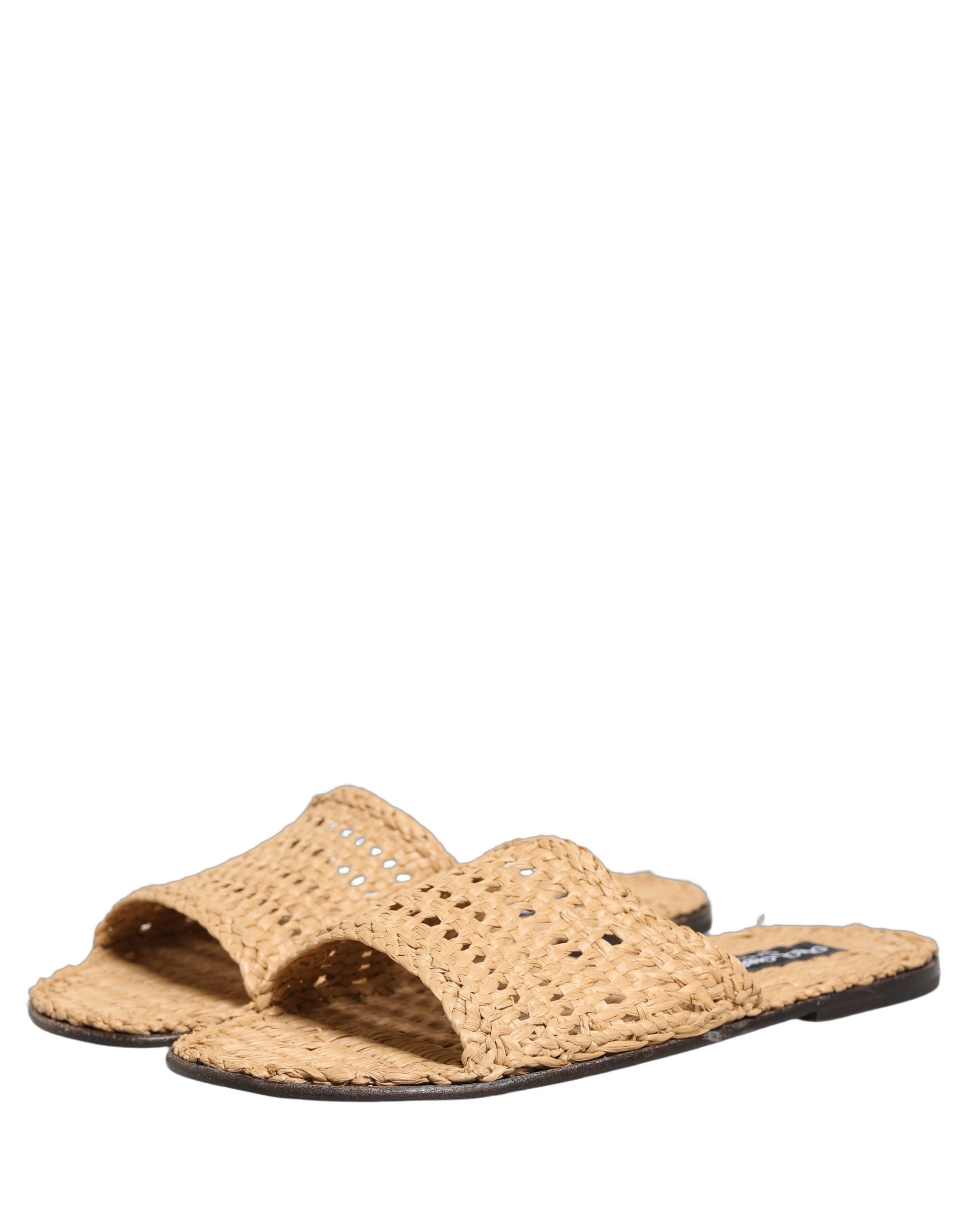 Dolce & Gabbana Beige Straw Raffia Slides Sandals Flats Men's Shoes