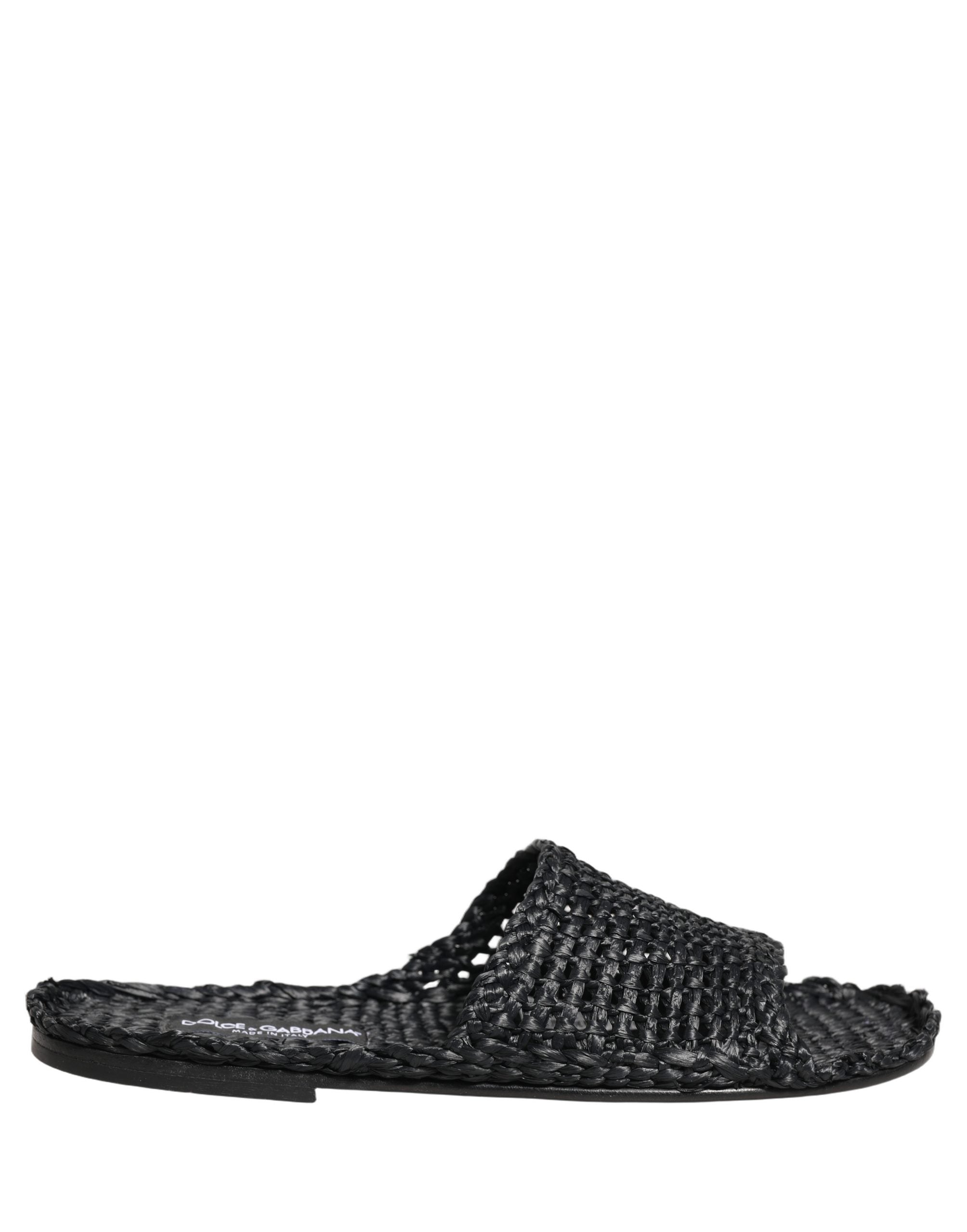 Dolce & Gabbana Black Straw Raffia Slides Sandals Flats Men's Shoes