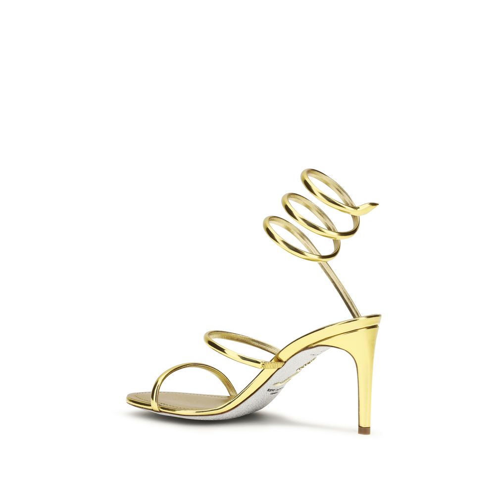 RENE CAOVILLA Gold Calf Leather Bos Taurus Stiletto Heel Women's Sandals