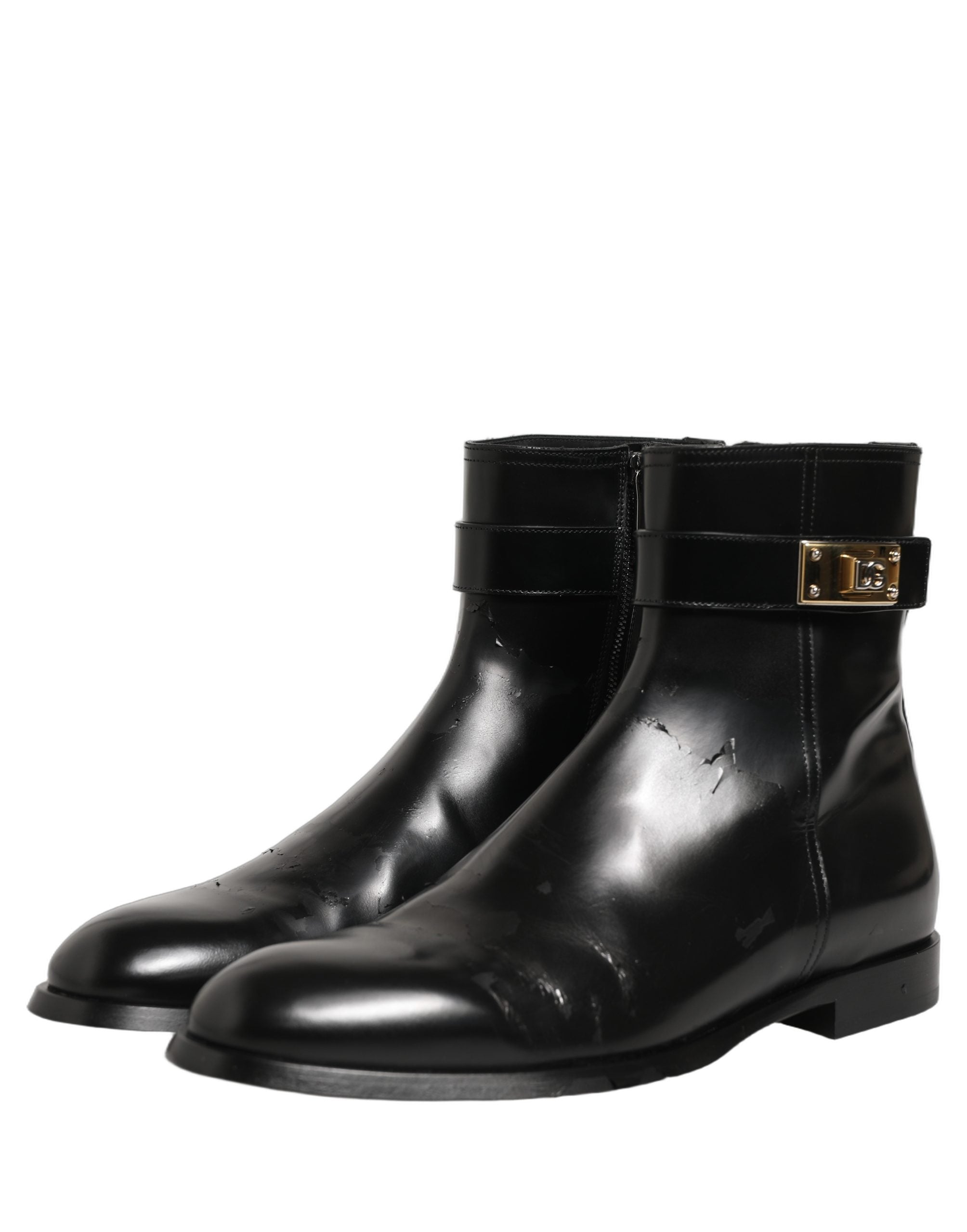 Dolce & Gabbana Black Leather Logo Buckle Mid Calf Boots Men's Shoes (Pre-Owned)