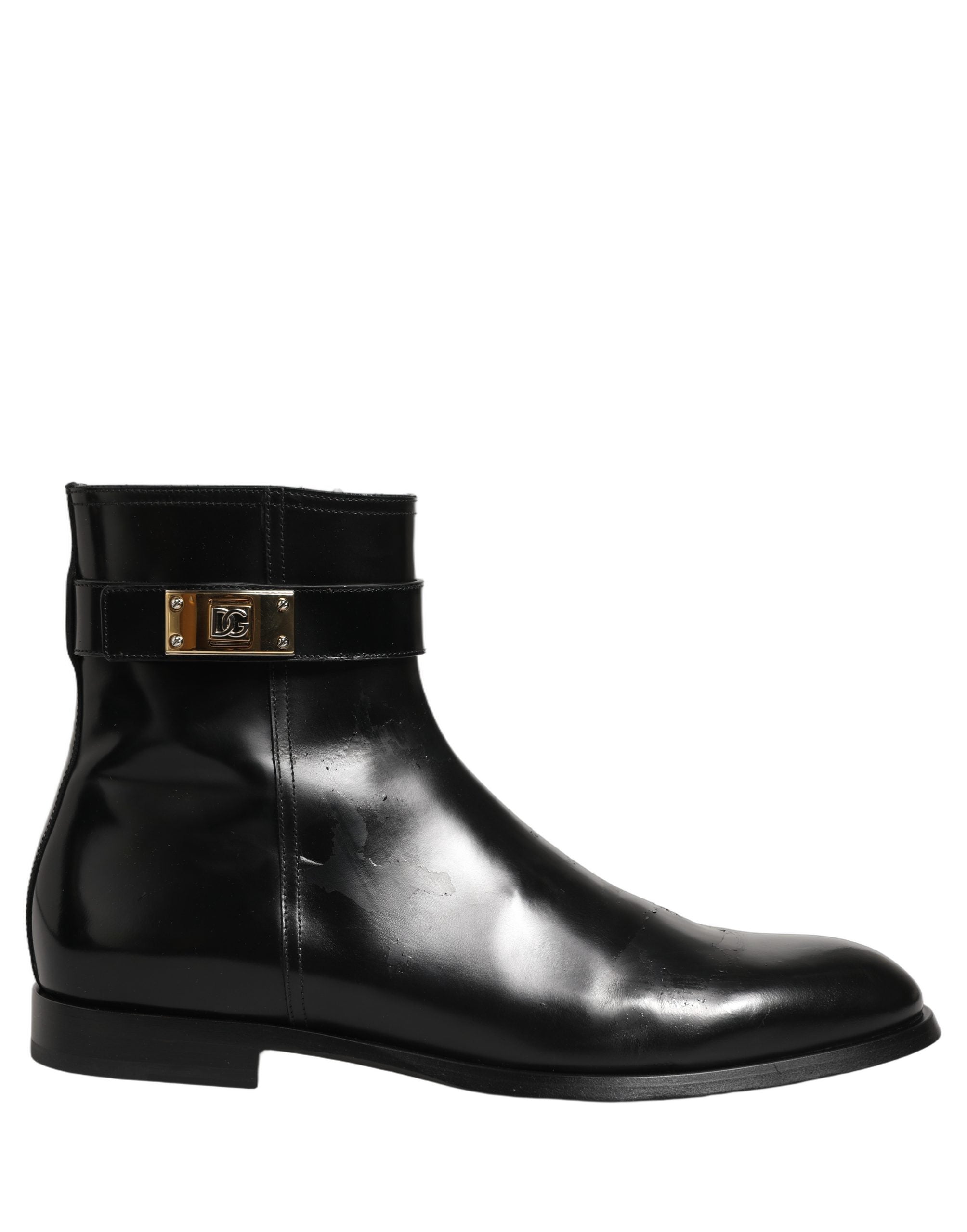 Dolce & Gabbana Black Leather Logo Buckle Mid Calf Boots Men's Shoes (Pre-Owned)