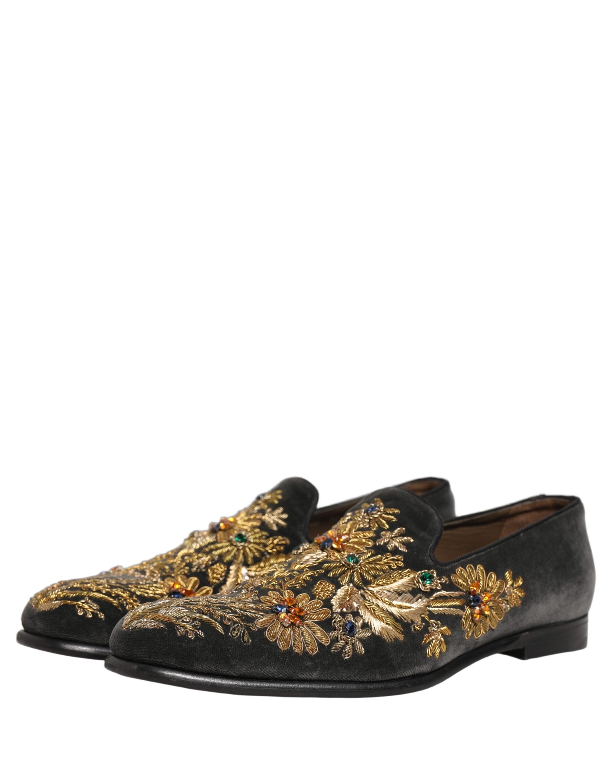 Dolce & Gabbana Black Velvet Embellished Dress Loafers Men's Shoes