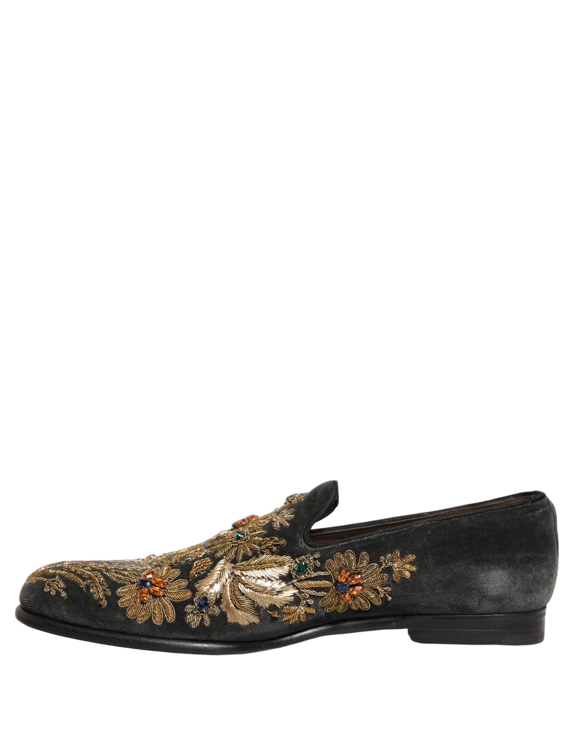 Dolce & Gabbana Black Velvet Embellished Dress Loafers Men's Shoes