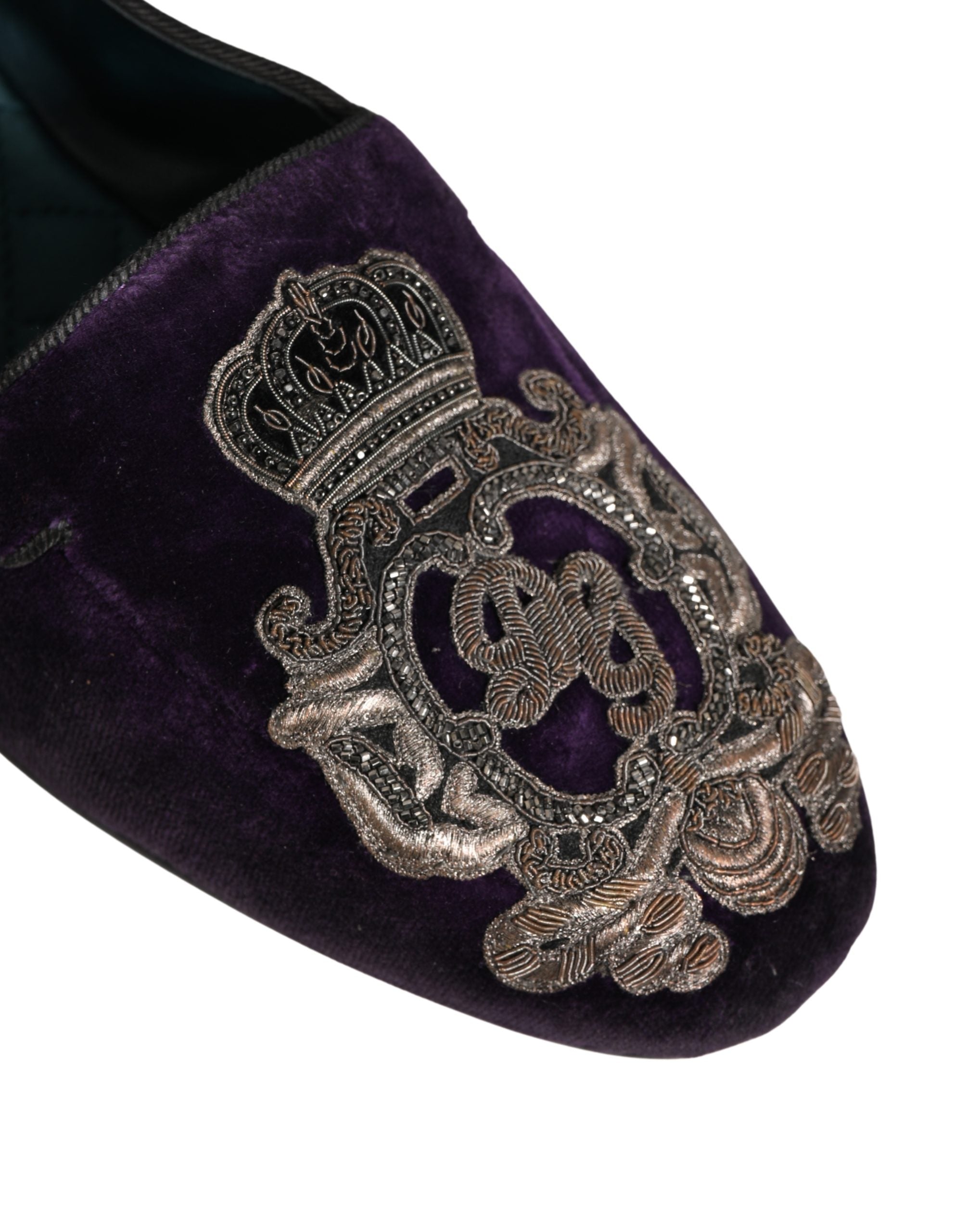 Dolce & Gabbana Purple Velvet Crown Embroidery Loafers Men's Shoes