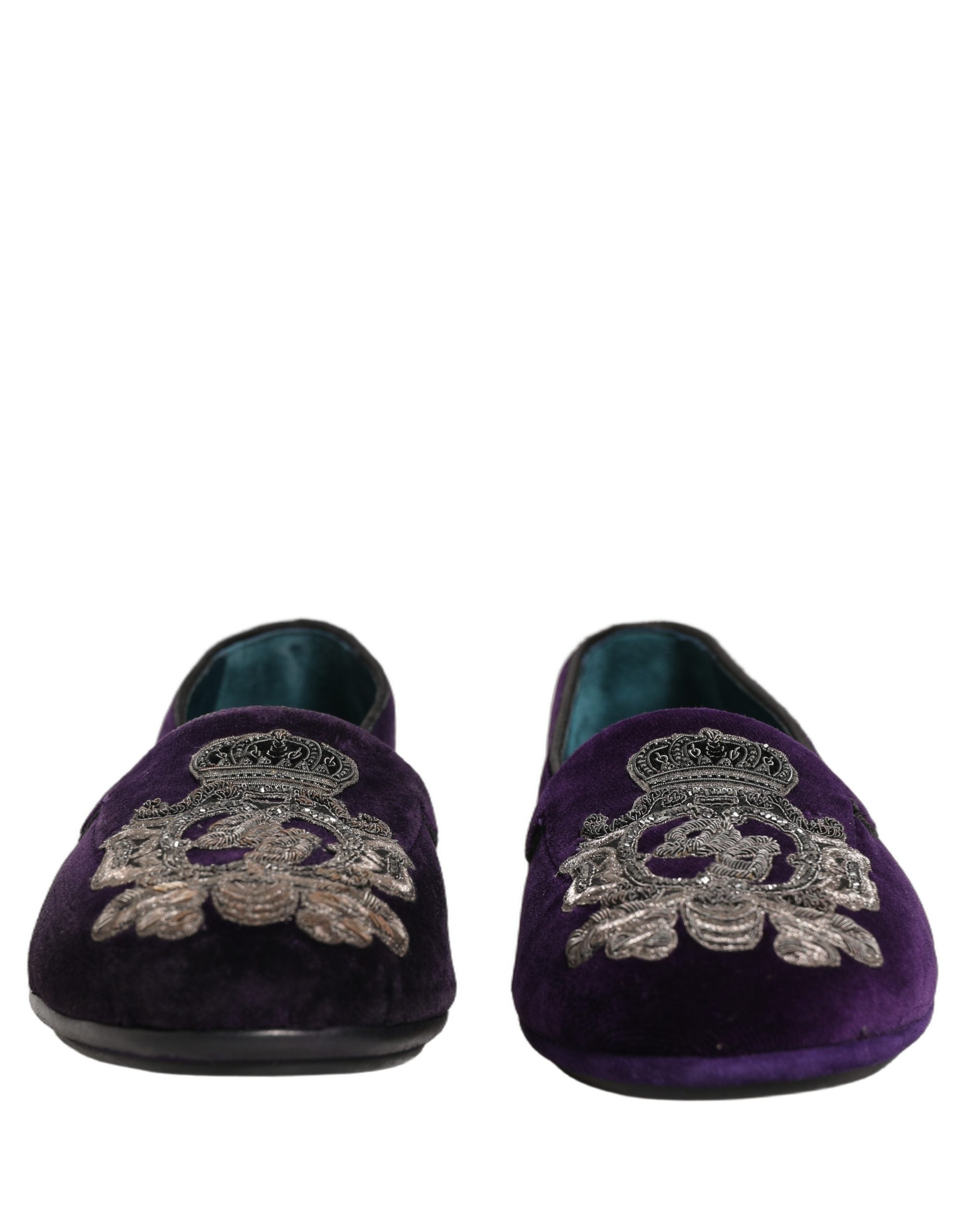 Dolce & Gabbana Purple Velvet Crown Embroidery Loafers Men's Shoes