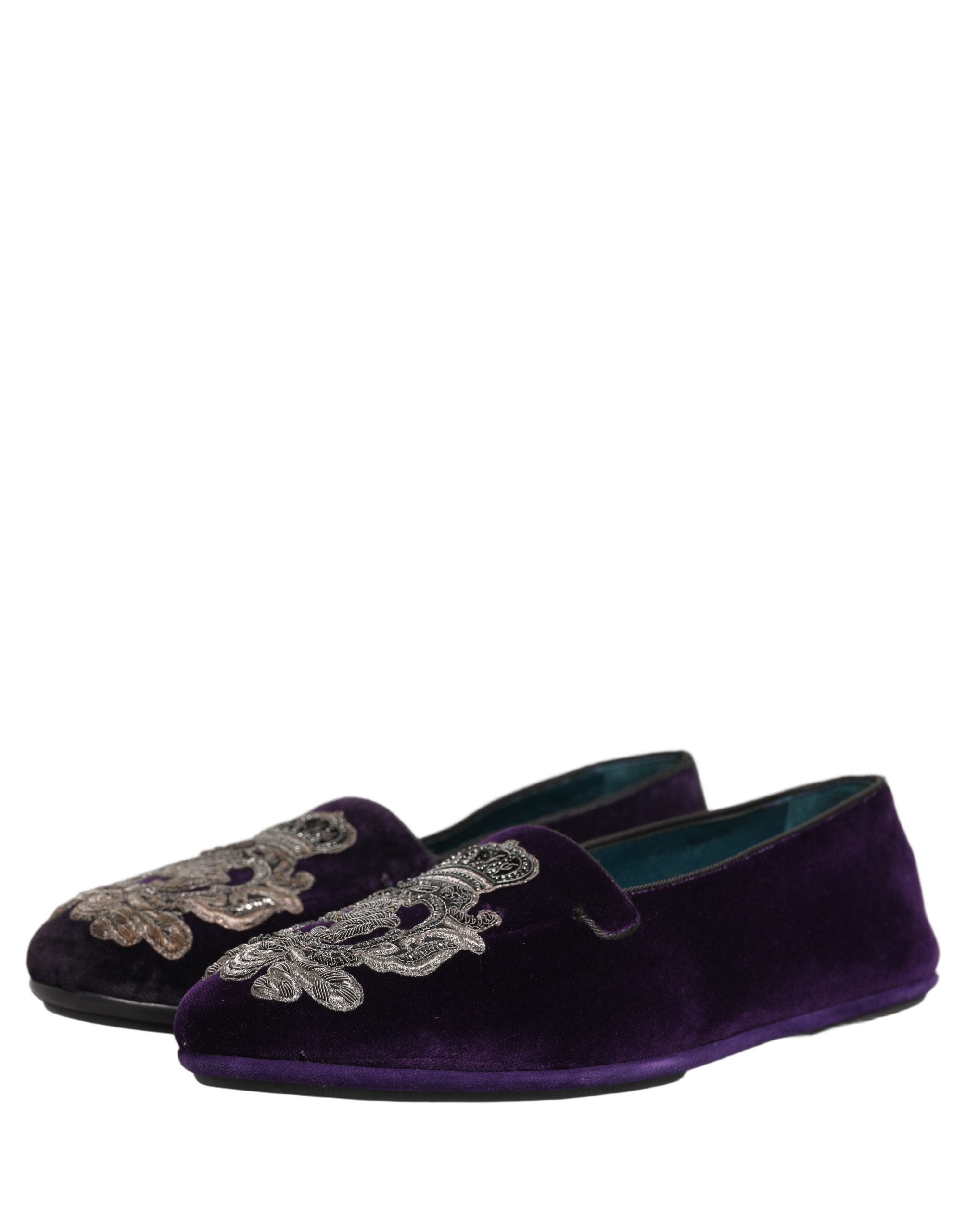 Dolce & Gabbana Purple Velvet Crown Embroidery Loafers Men's Shoes
