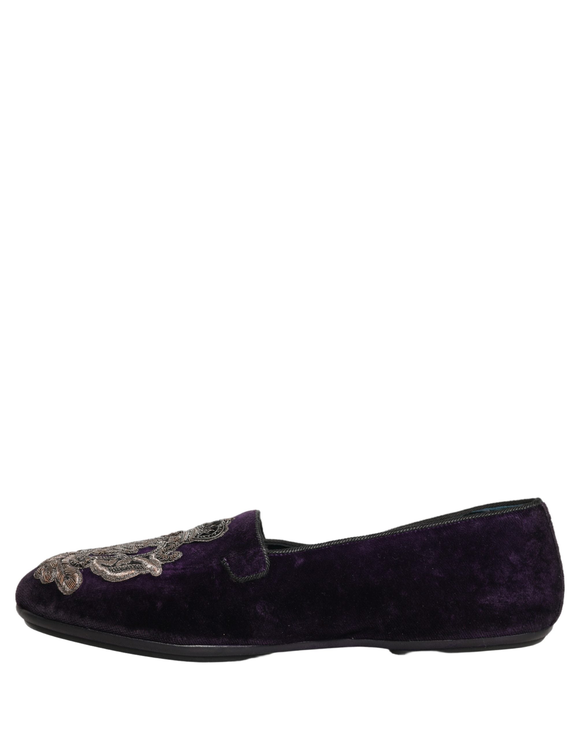 Dolce & Gabbana Purple Velvet Crown Embroidery Loafers Men's Shoes