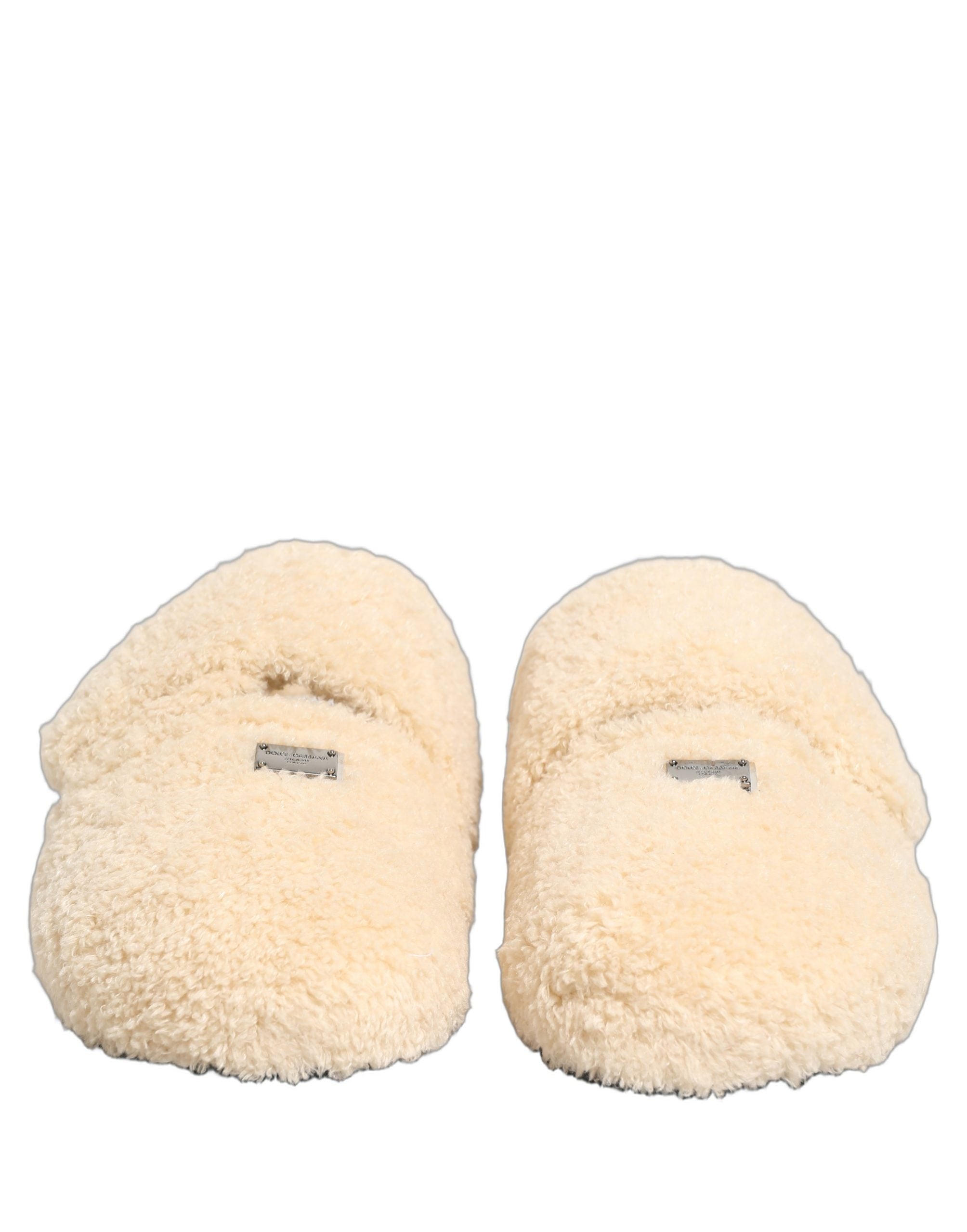 Dolce & Gabbana Beige Faux Fur Flats Men Slides Sandals Men's Shoes