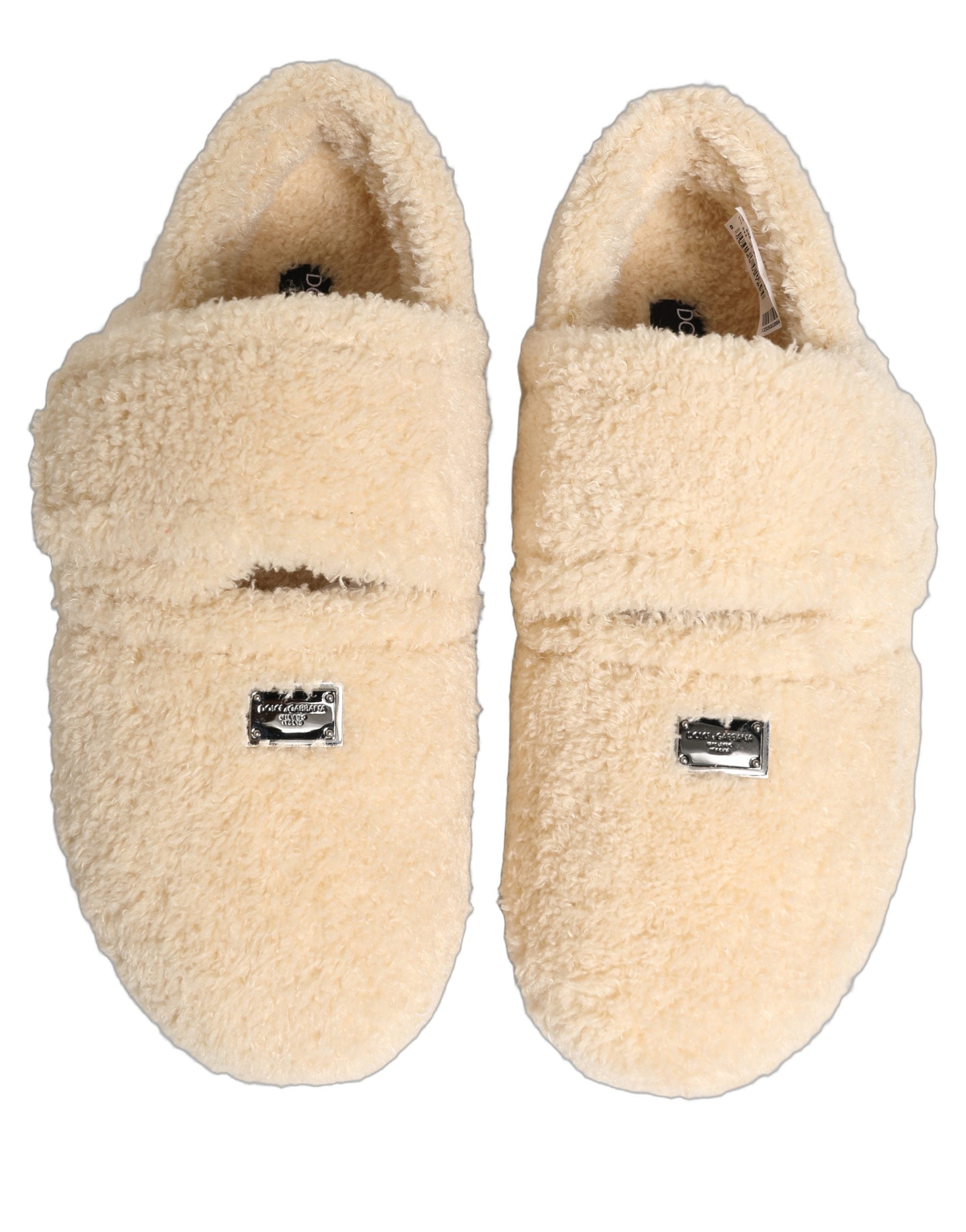 Dolce & Gabbana Beige Faux Fur Flats Men Slides Sandals Men's Shoes