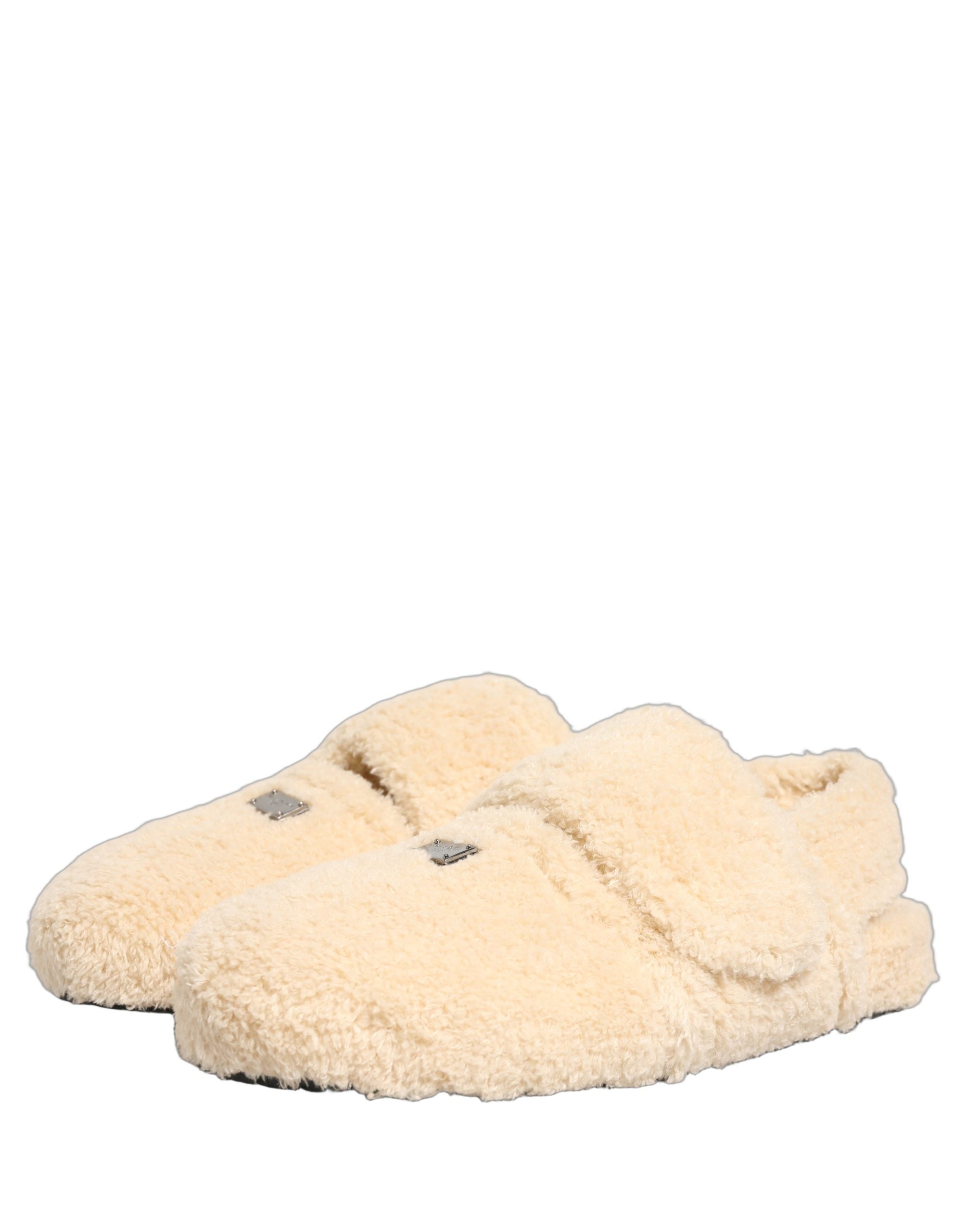 Dolce & Gabbana Beige Faux Fur Flats Men Slides Sandals Men's Shoes