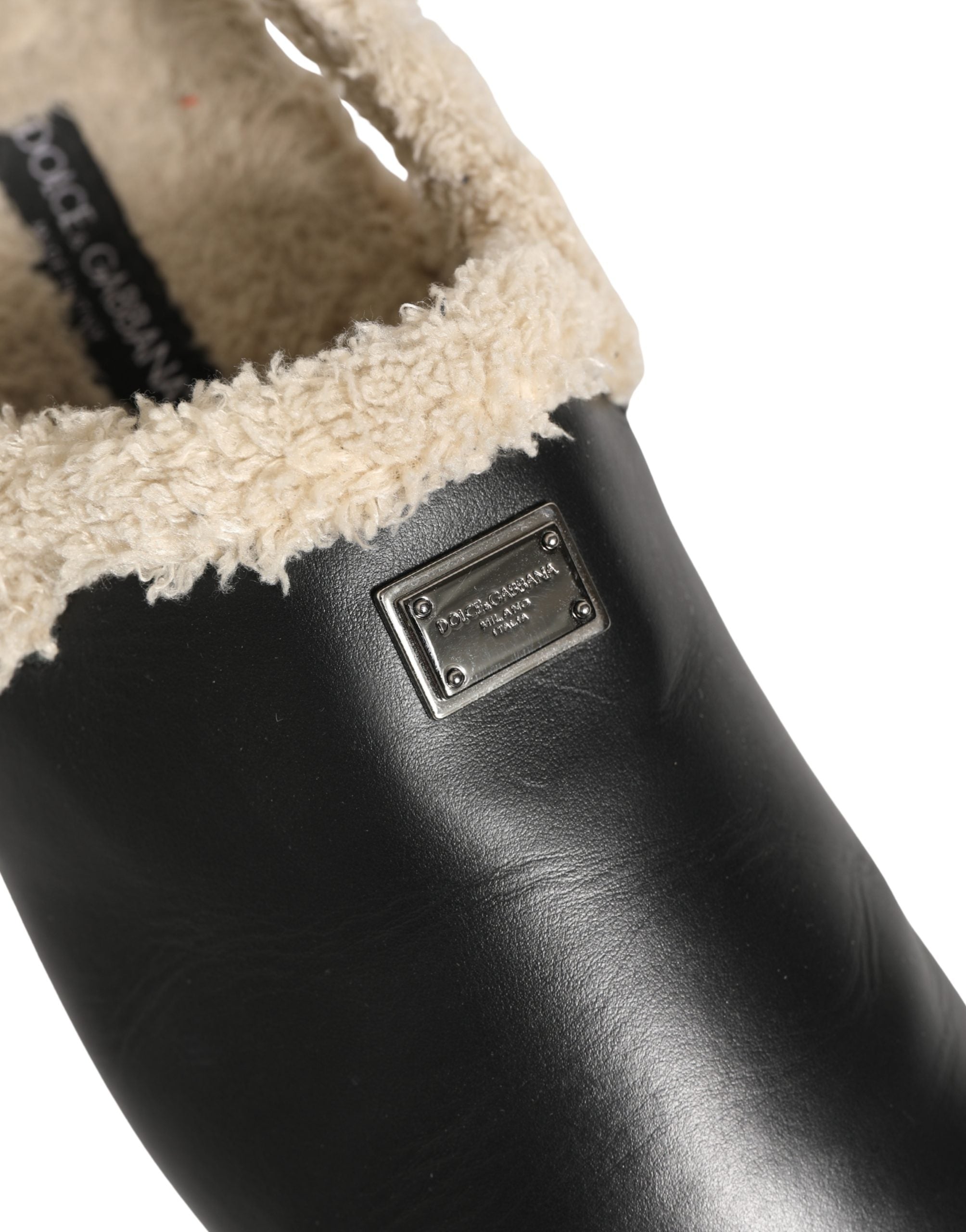 Dolce & Gabbana Beige Black Fur Shearling Slides Sandals Men's Shoes
