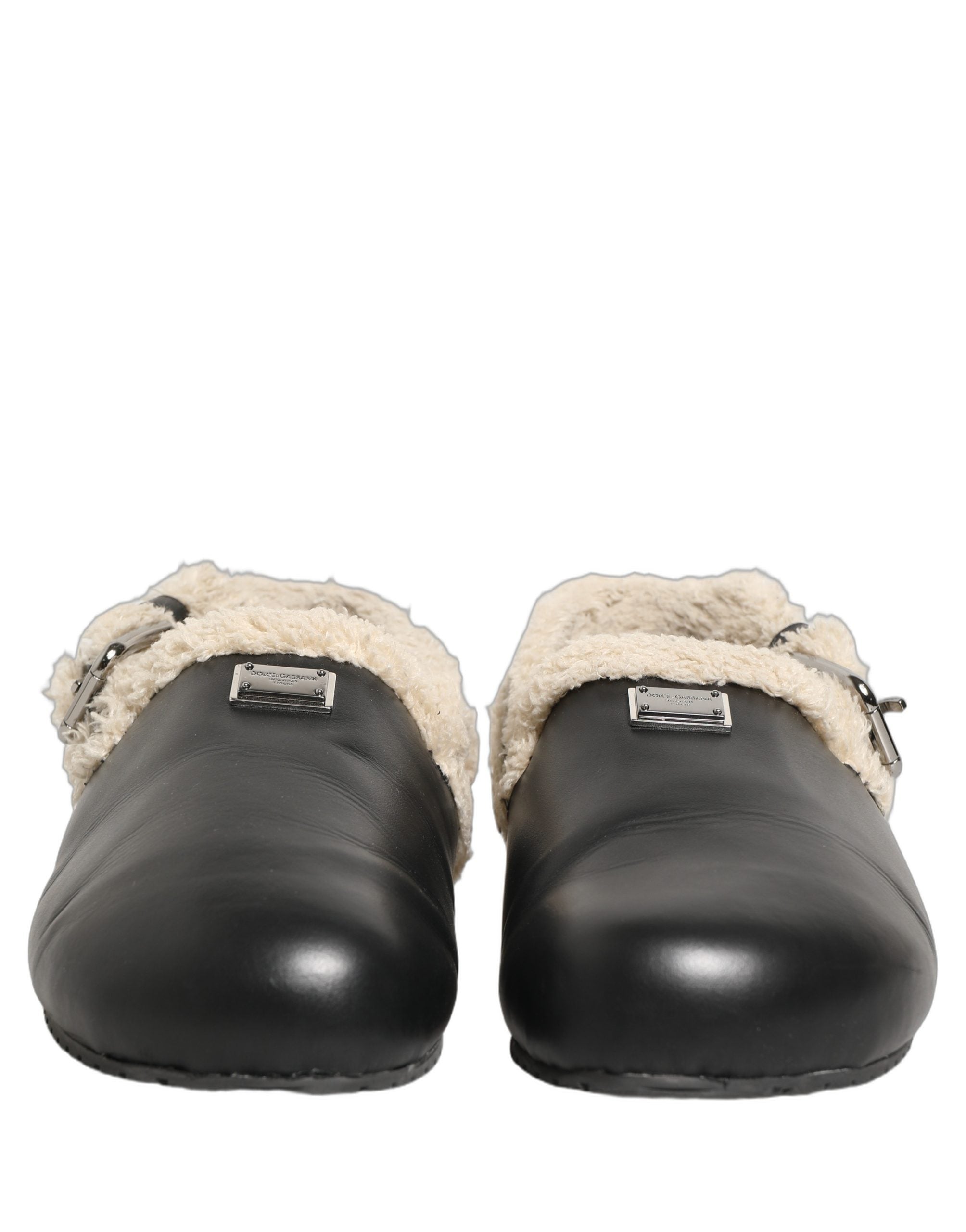 Dolce & Gabbana Beige Black Fur Shearling Slides Sandals Men's Shoes