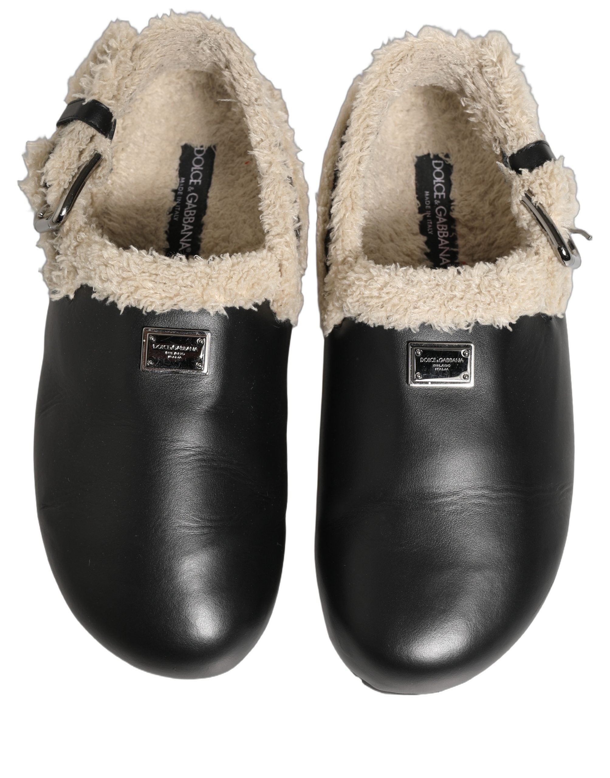 Dolce & Gabbana Beige Black Fur Shearling Slides Sandals Men's Shoes