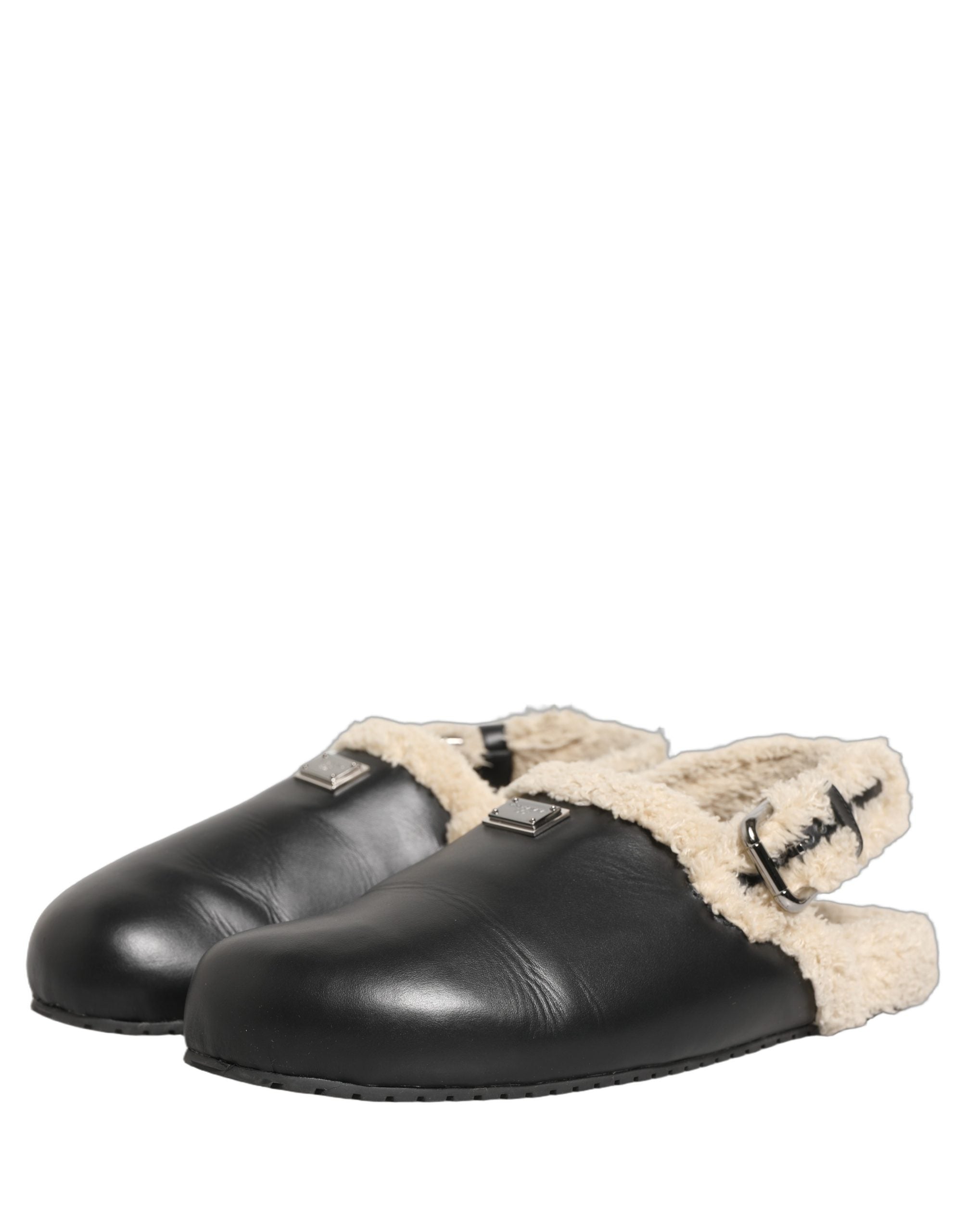 Dolce & Gabbana Beige Black Fur Shearling Slides Sandals Men's Shoes