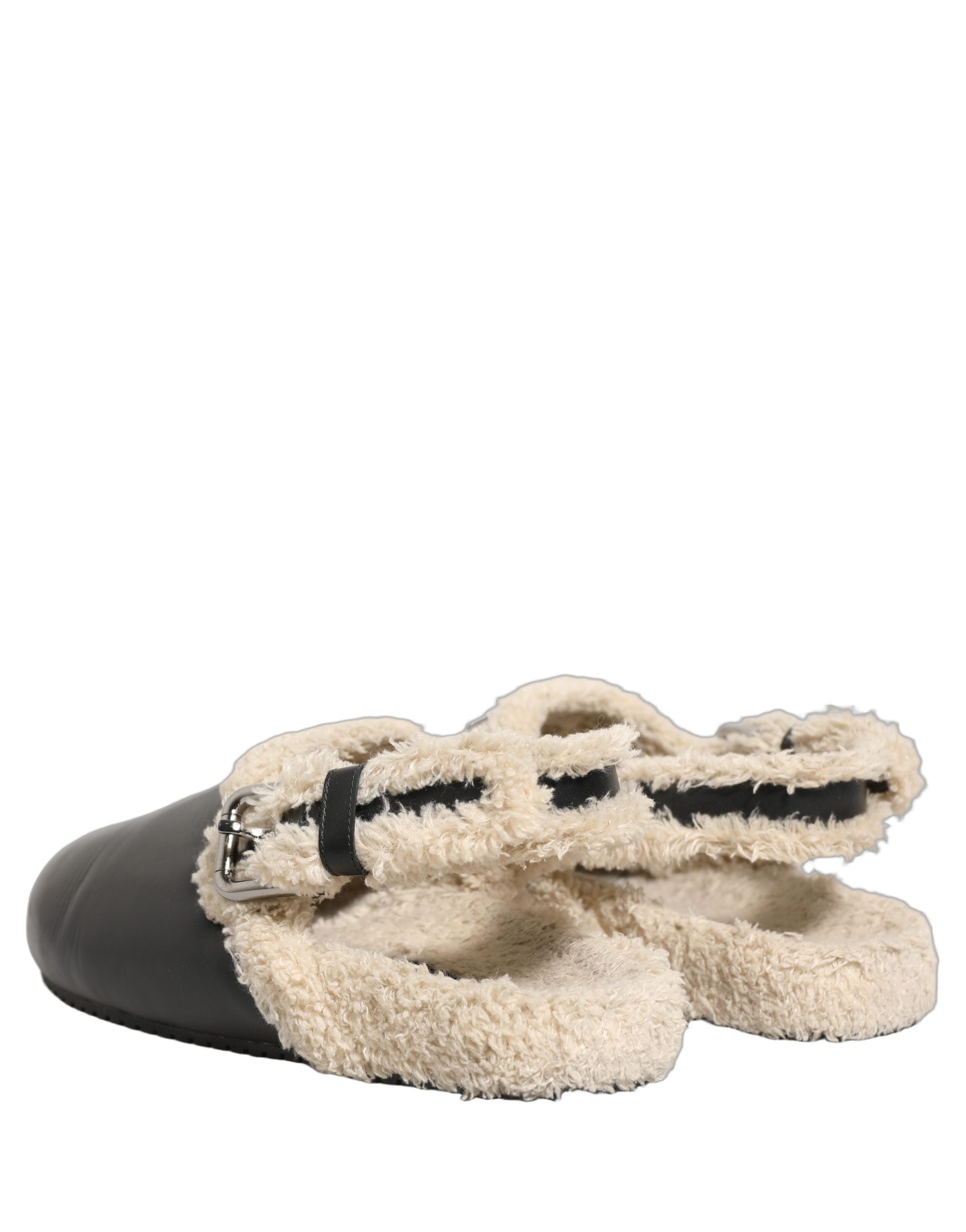 Dolce & Gabbana Beige Black Fur Shearling Slides Sandals Men's Shoes