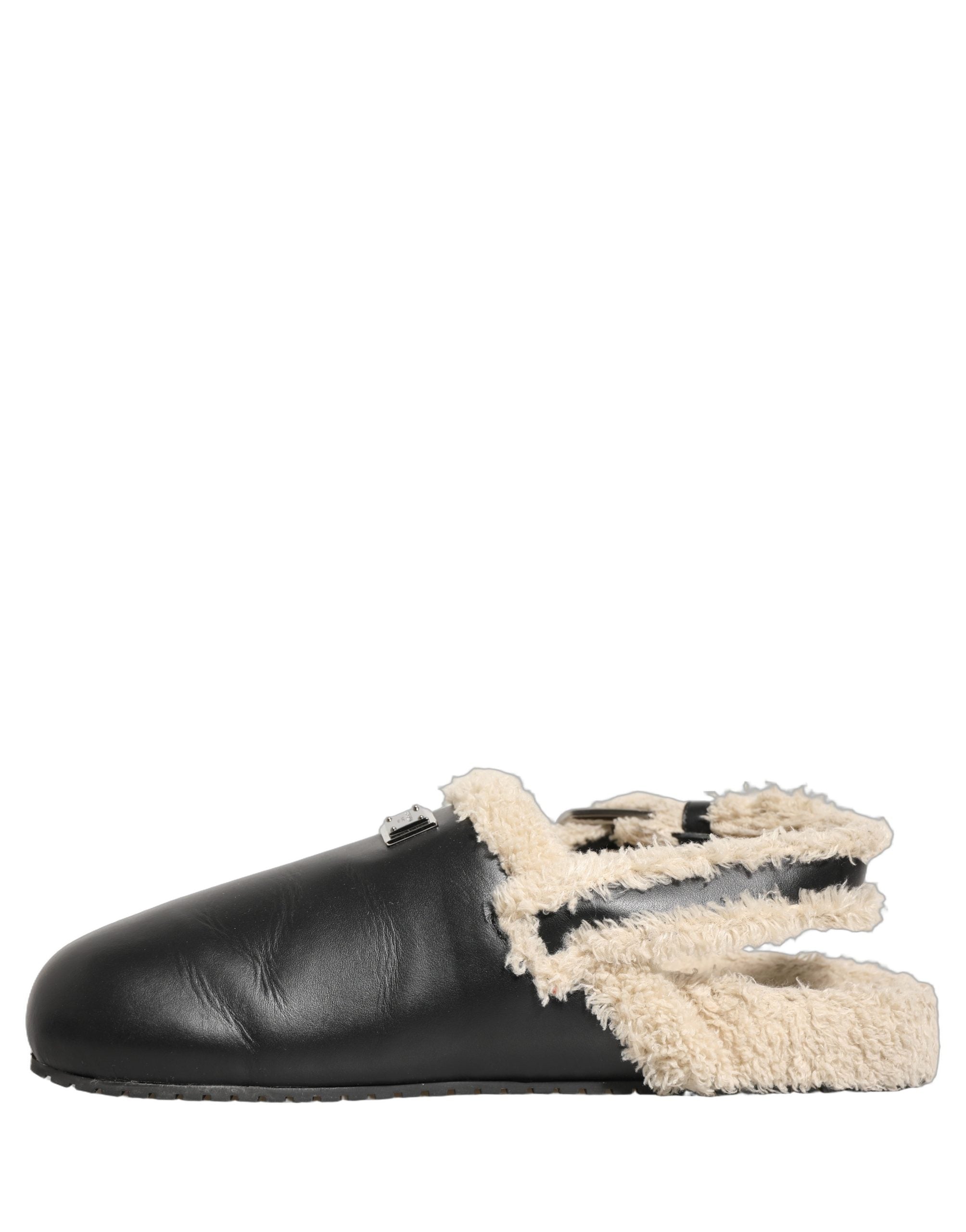 Dolce & Gabbana Beige Black Fur Shearling Slides Sandals Men's Shoes