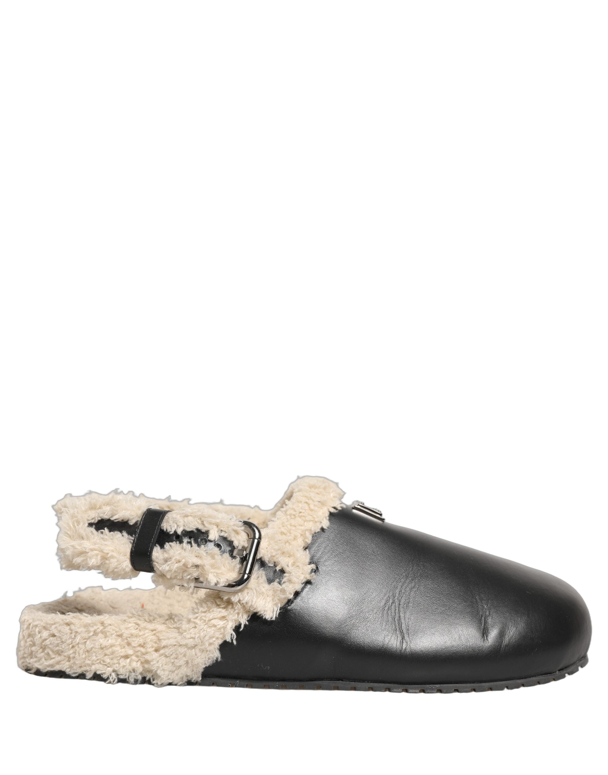 Dolce & Gabbana Beige Black Fur Shearling Slides Sandals Men's Shoes