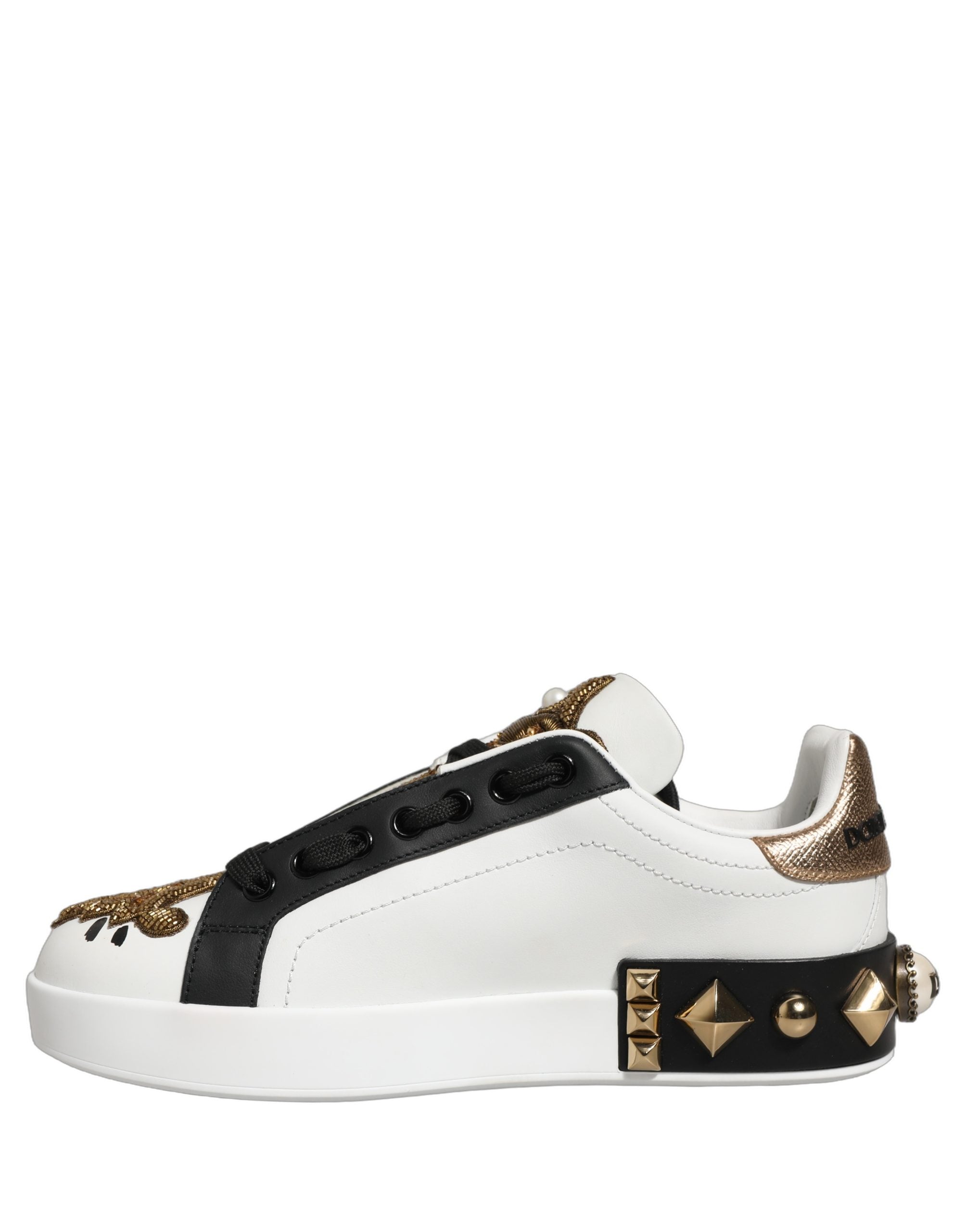 Dolce & Gabbana White Gold Studded Portofino Sneakers Women's Shoes
