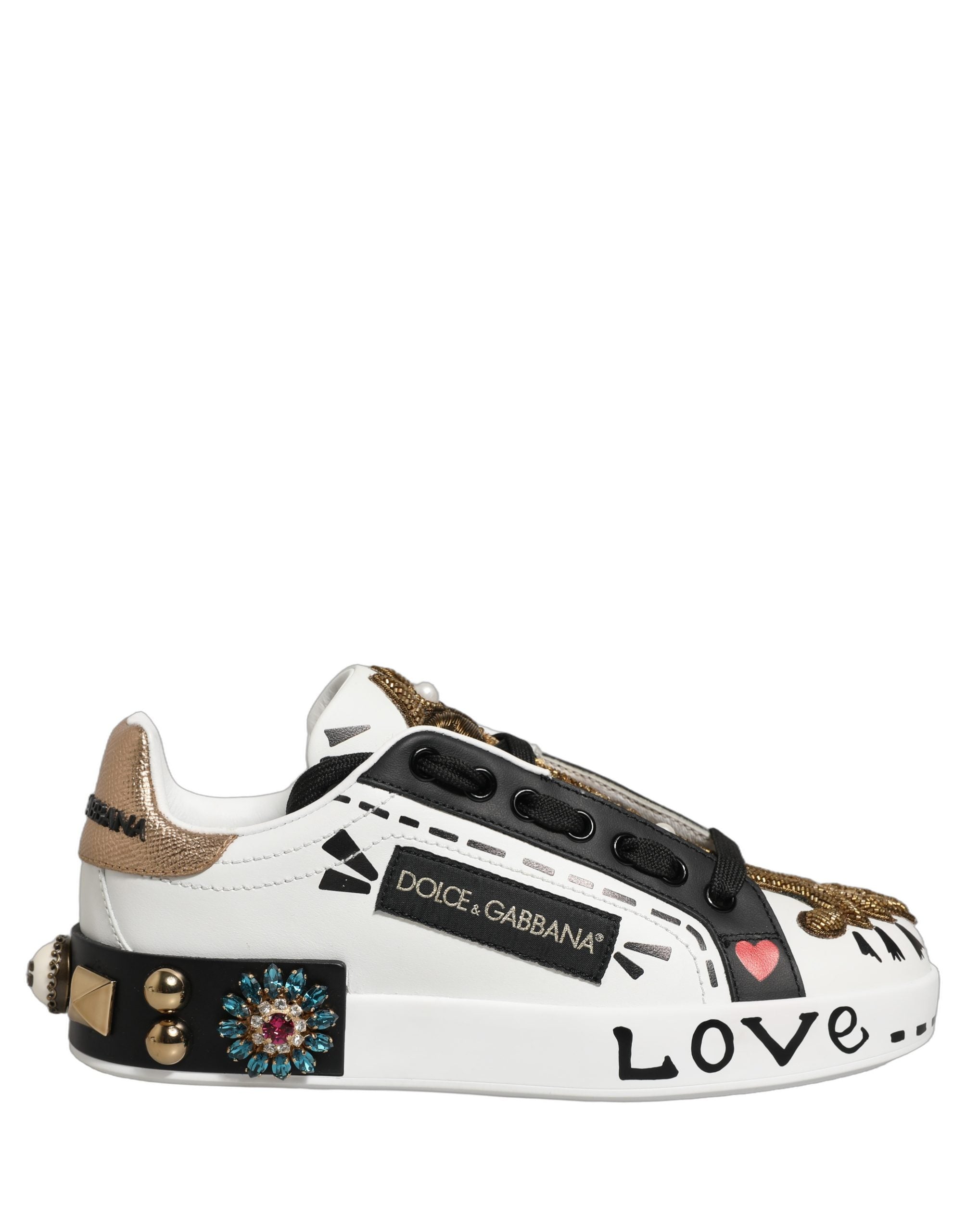 Dolce & Gabbana White Gold Studded Portofino Sneakers Women's Shoes