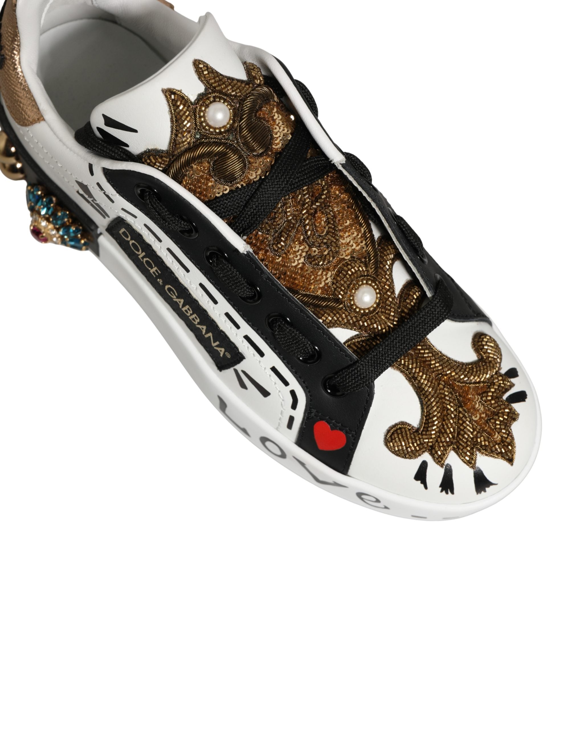 Dolce & Gabbana White Gold Studded Portofino Sneakers Women's Shoes