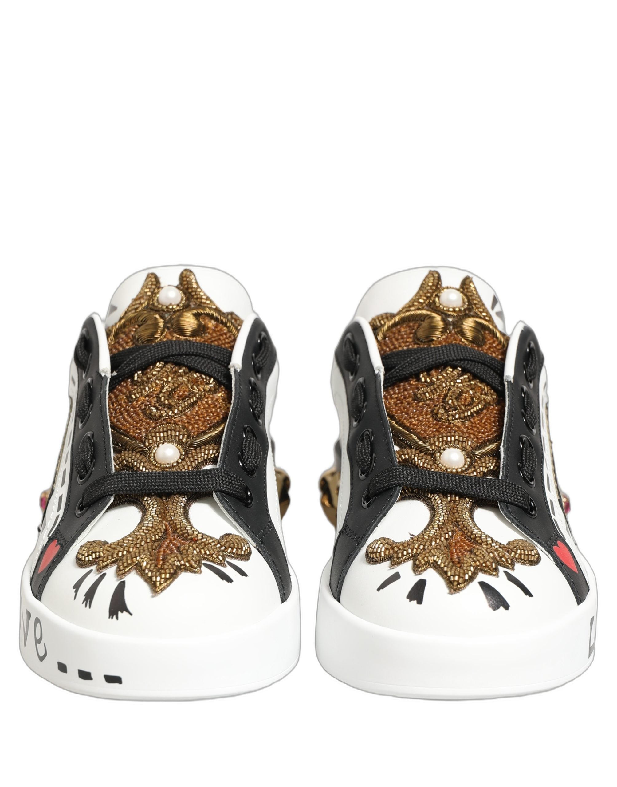 Dolce & Gabbana White Gold Studded Portofino Sneakers Women's Shoes