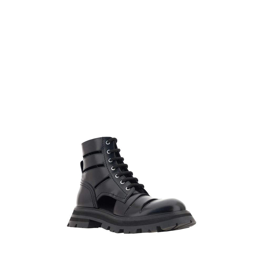 Alexander McQueen Black Calf Leather Bos Taurus Lace-Up Women's Boots