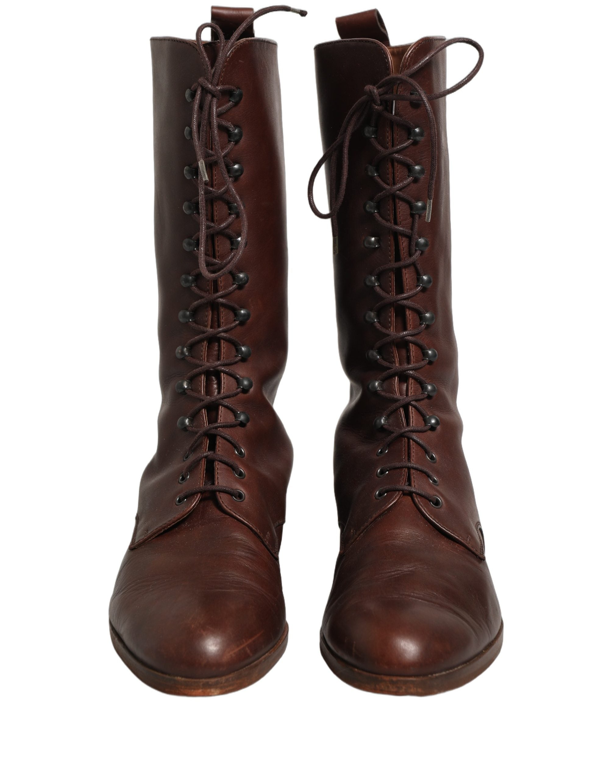 Dolce & Gabbana Brown Leather Lace Up Mid Calf Boots Women's Shoes (Pre-Owned)