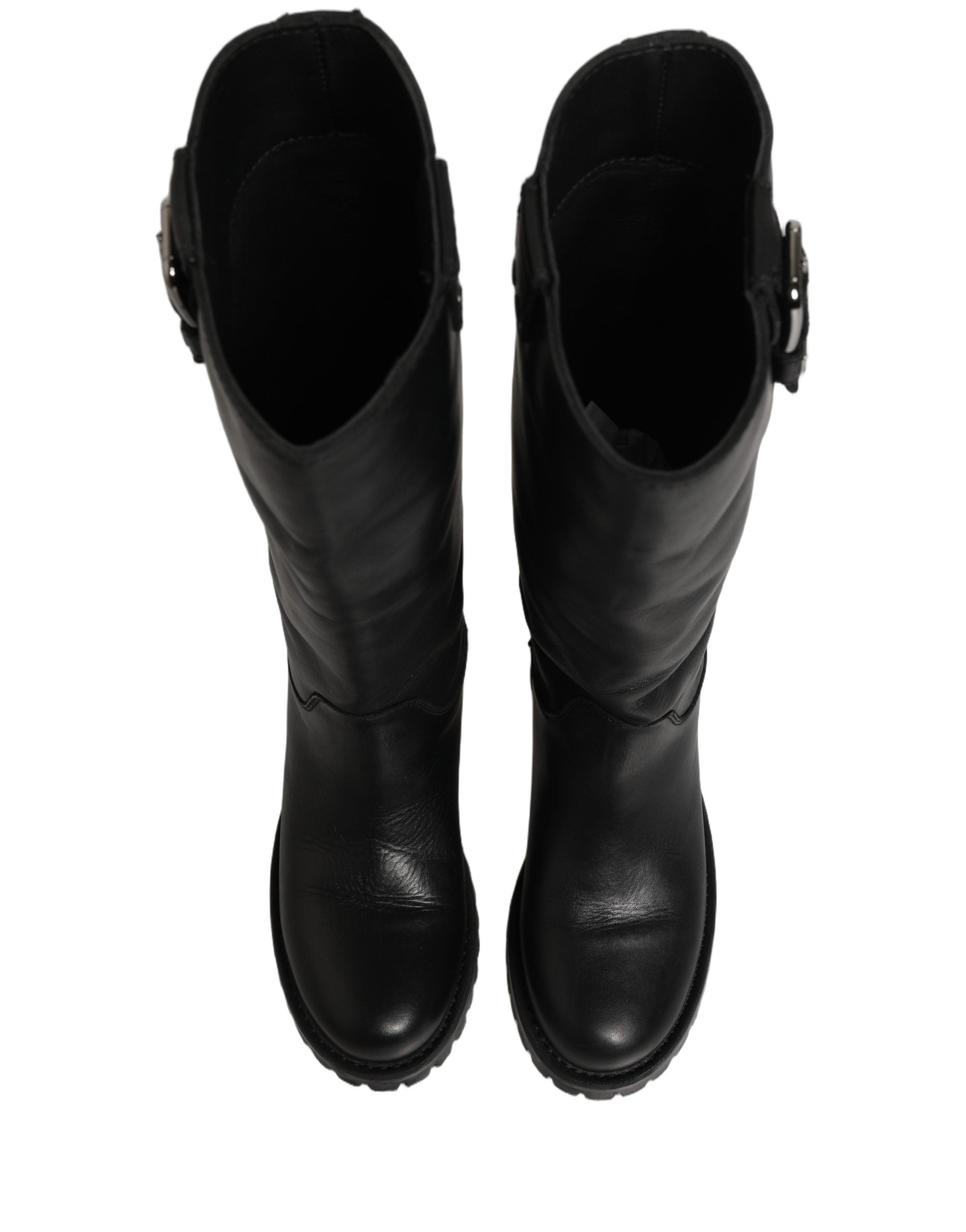 Dolce & Gabbana Black Leather Buckle Detail Mid Calf Boots Women's Shoes