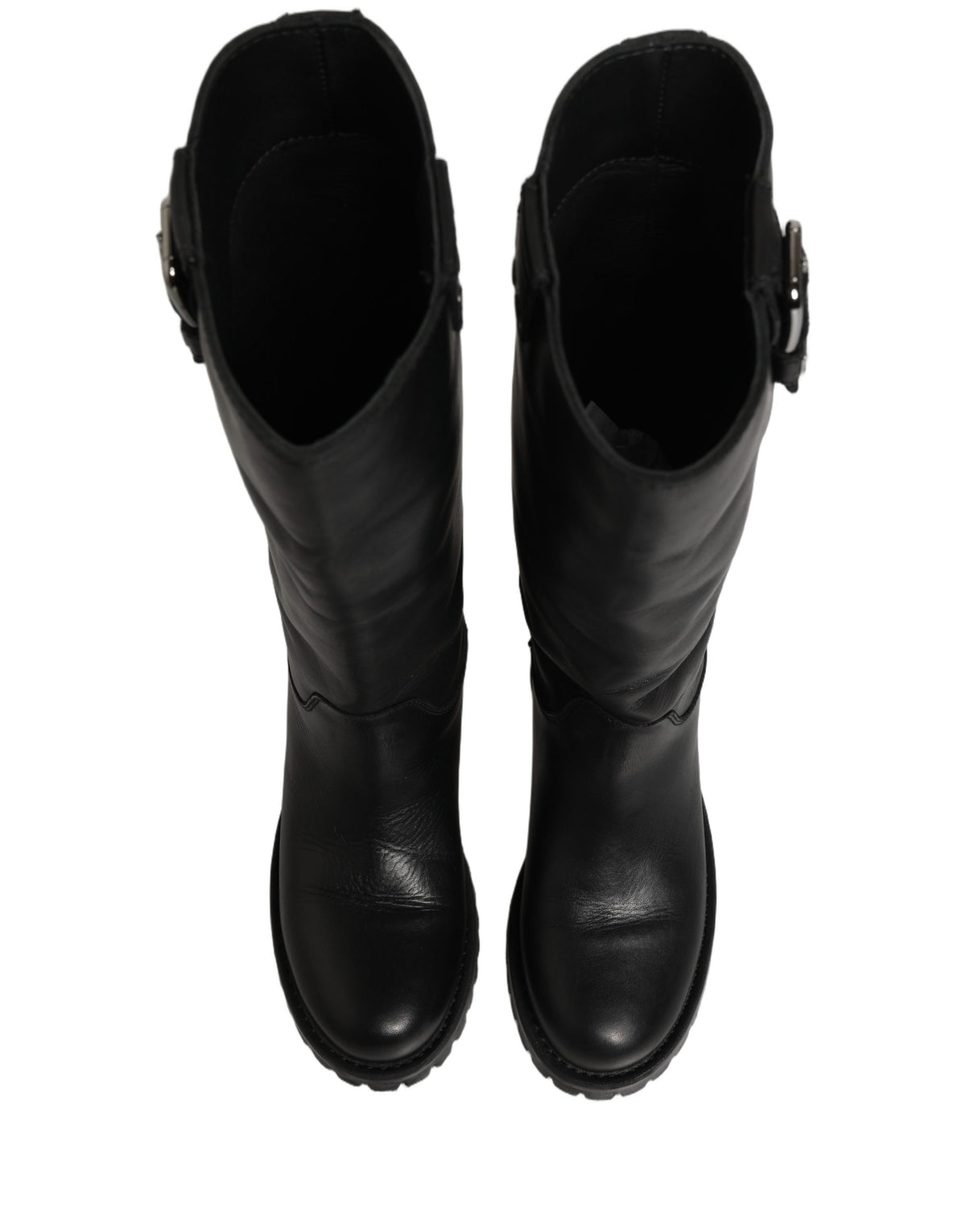 Dolce & Gabbana Black Leather Buckle Detail Mid Calf Boots Women's Shoes
