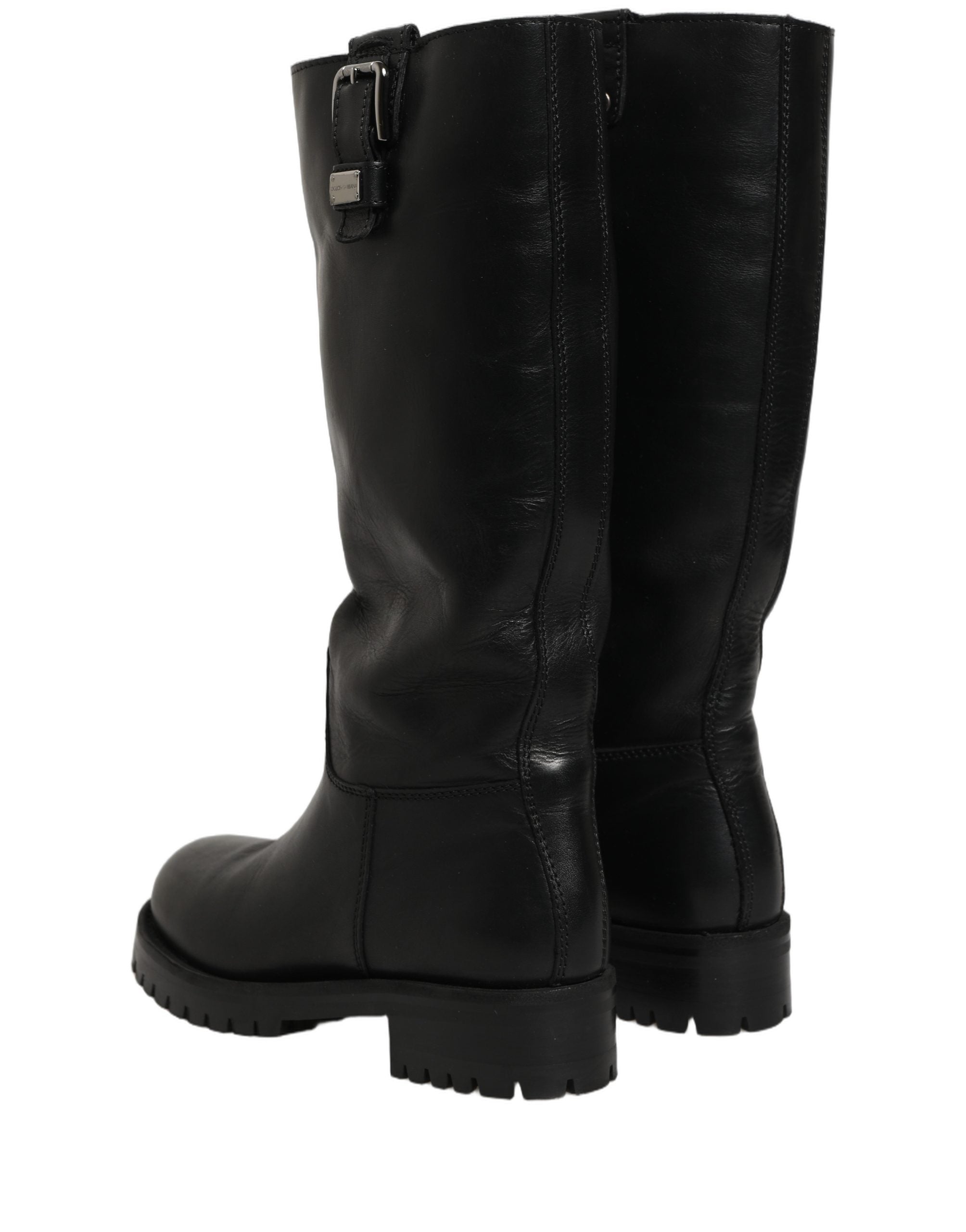 Dolce & Gabbana Black Leather Buckle Detail Mid Calf Boots Women's Shoes