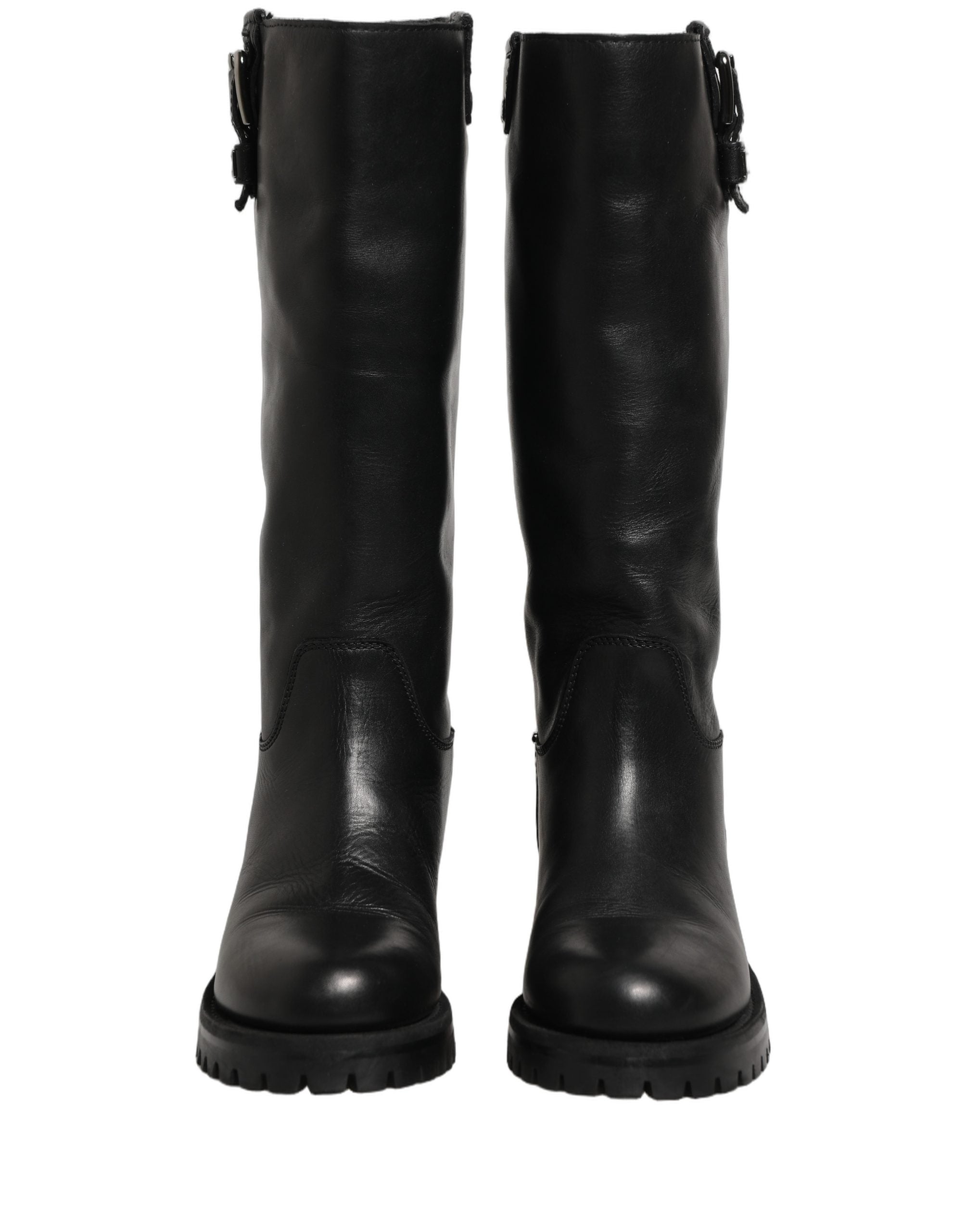 Dolce & Gabbana Black Leather Buckle Detail Mid Calf Boots Women's Shoes