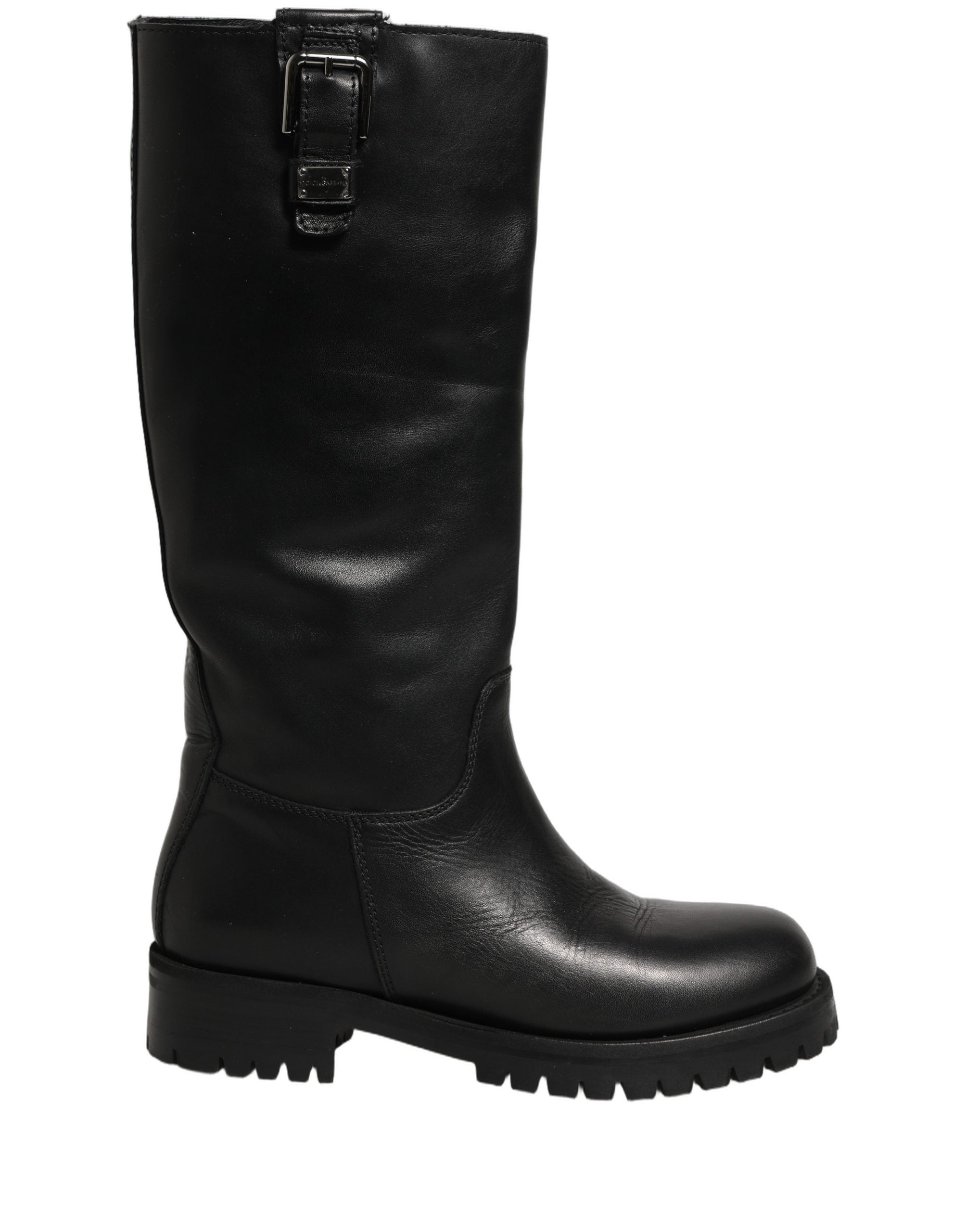 Dolce & Gabbana Black Leather Buckle Detail Mid Calf Boots Women's Shoes