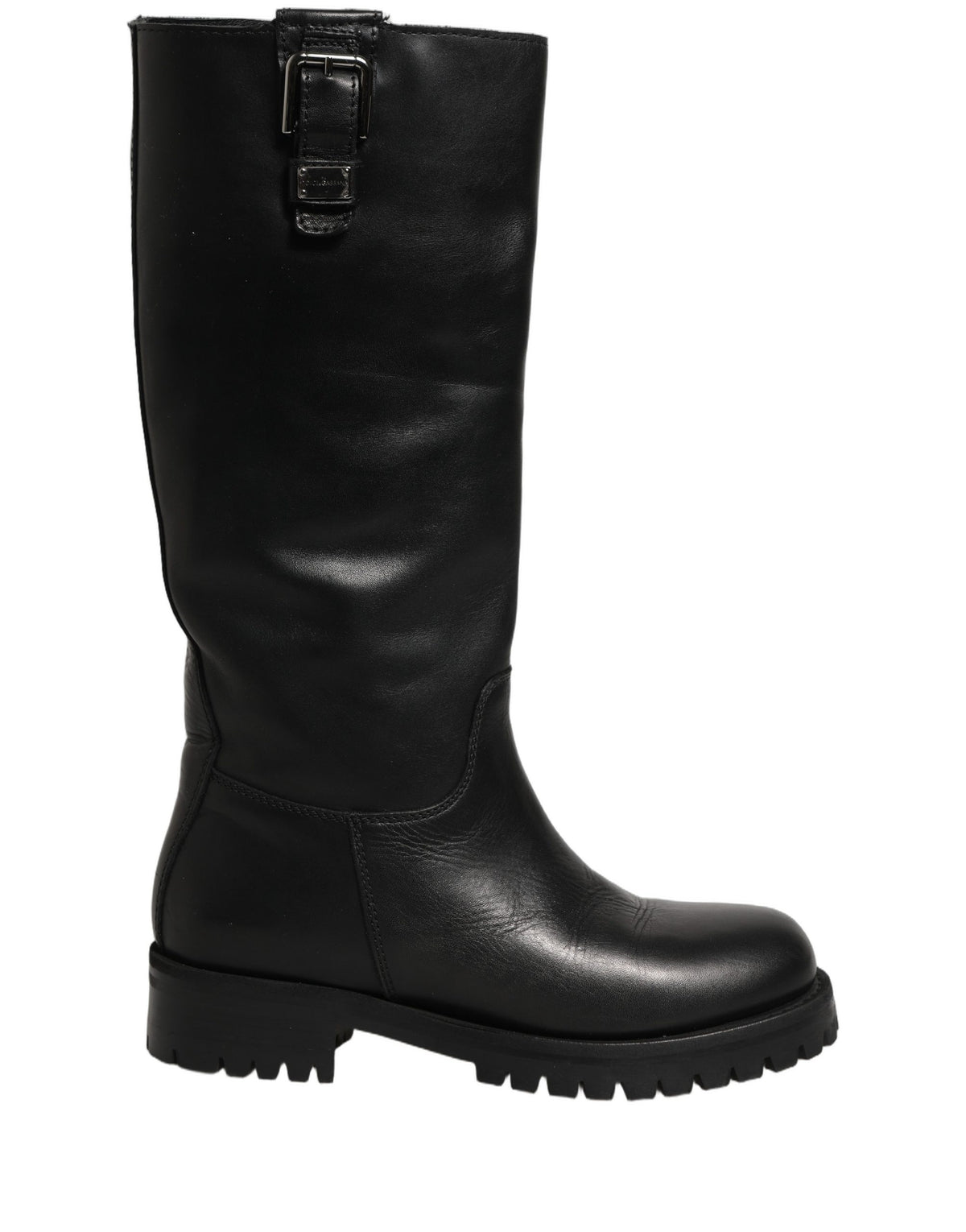 Dolce & Gabbana Black Leather Buckle Detail Mid Calf Boots Women's Shoes