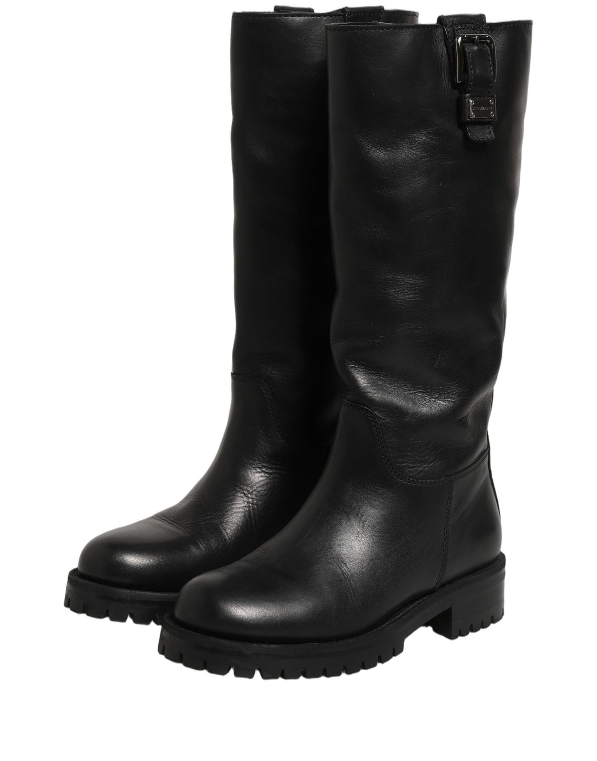 Dolce & Gabbana Black Leather Buckle Detail Mid Calf Boots Women's Shoes