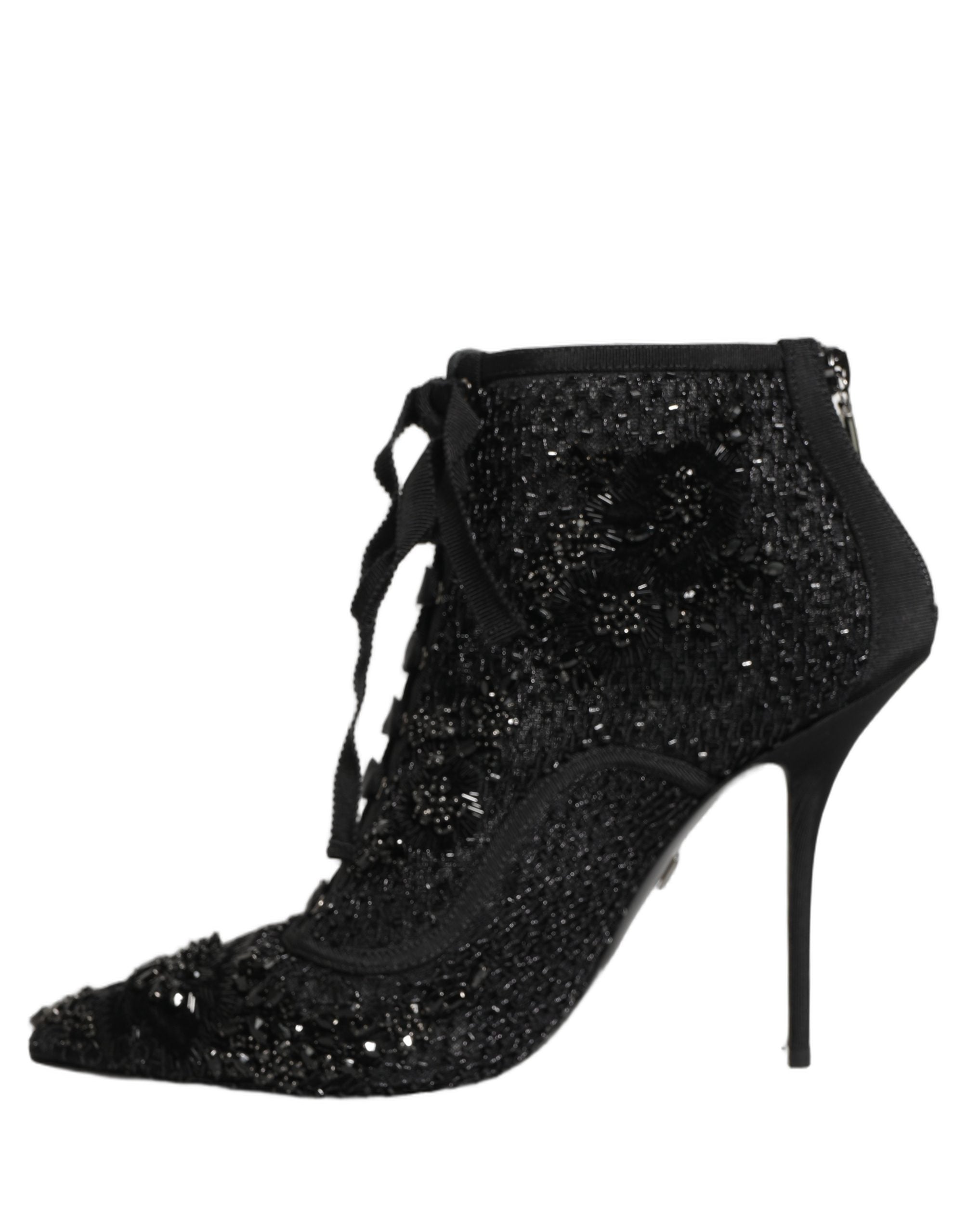 Dolce & Gabbana Black Embellished Mesh Ankle Boots Women's Shoes