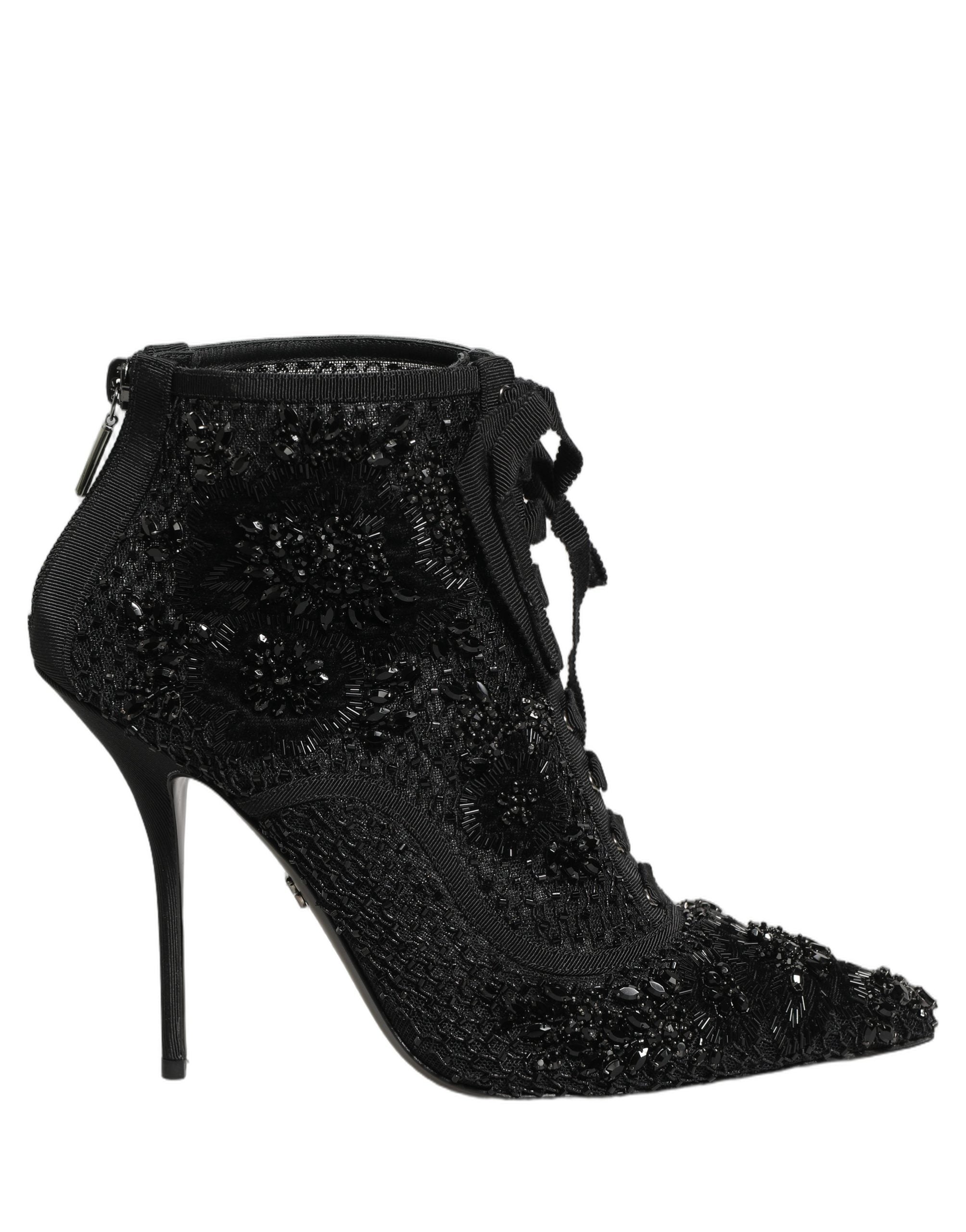 Dolce & Gabbana Black Embellished Mesh Ankle Boots Women's Shoes