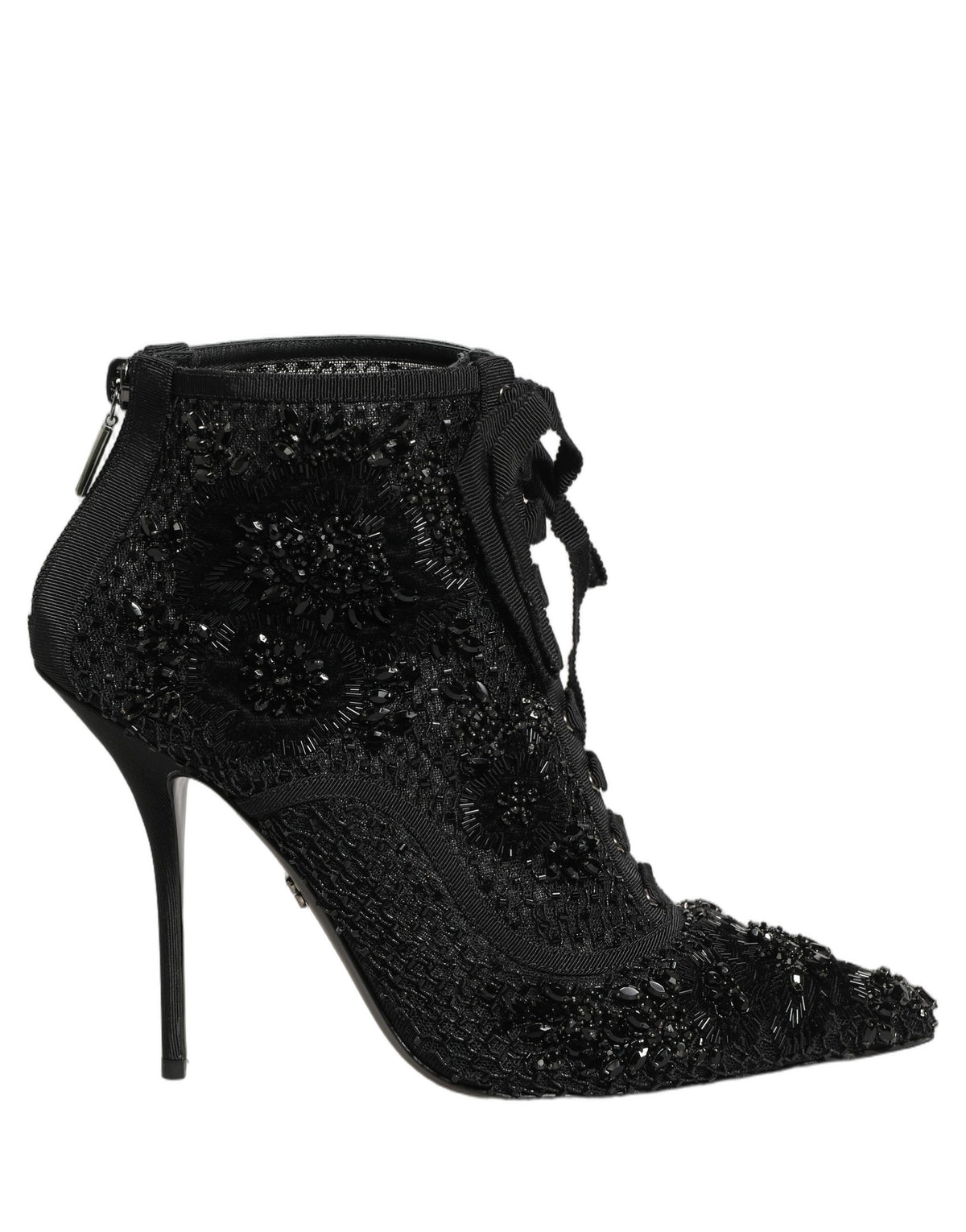 Dolce & Gabbana Black Embellished Mesh Ankle Boots Women's Shoes