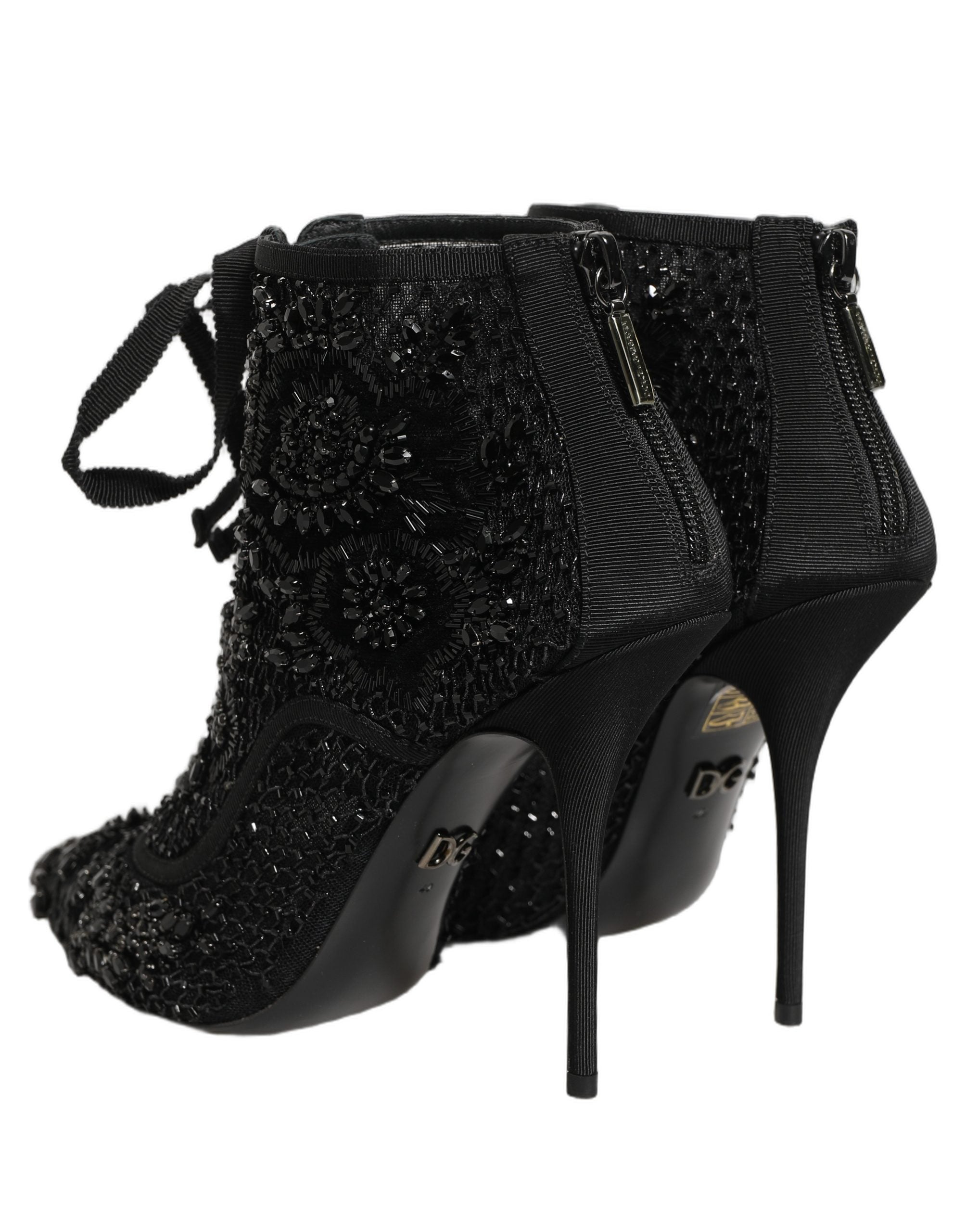 Dolce & Gabbana Black Embellished Mesh Ankle Boots Women's Shoes