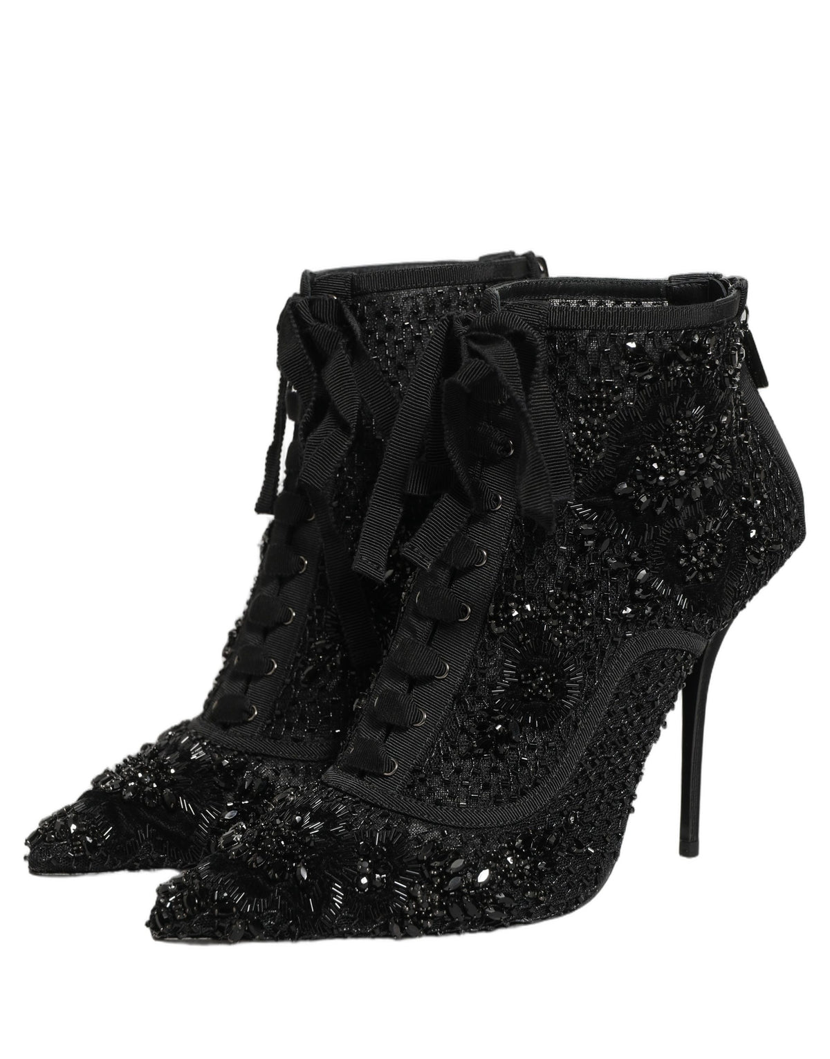 Dolce & Gabbana Black Embellished Mesh Ankle Boots Women's Shoes