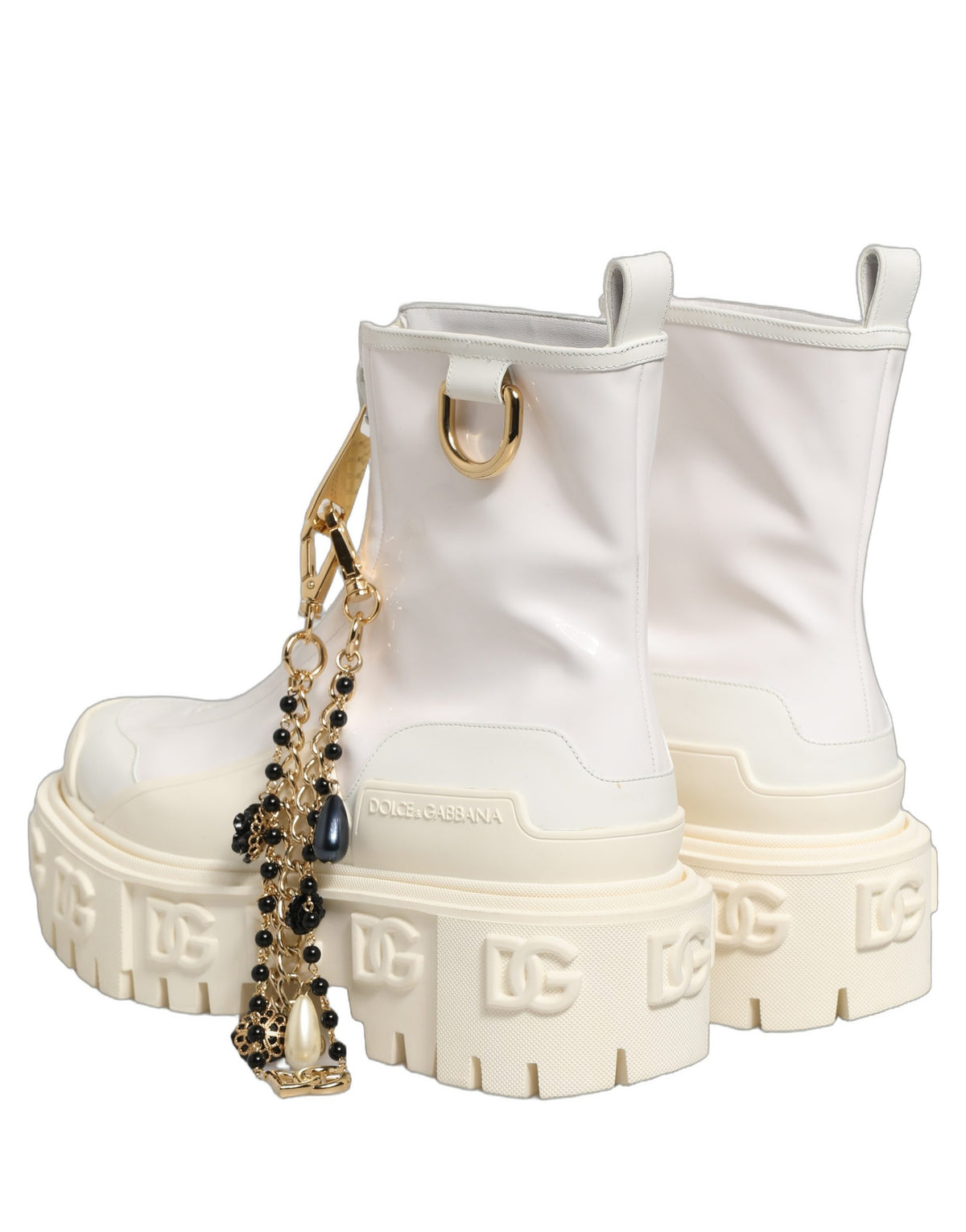 Dolce & Gabbana White Leather Rubber Logo Ankle Boots Women's Shoes
