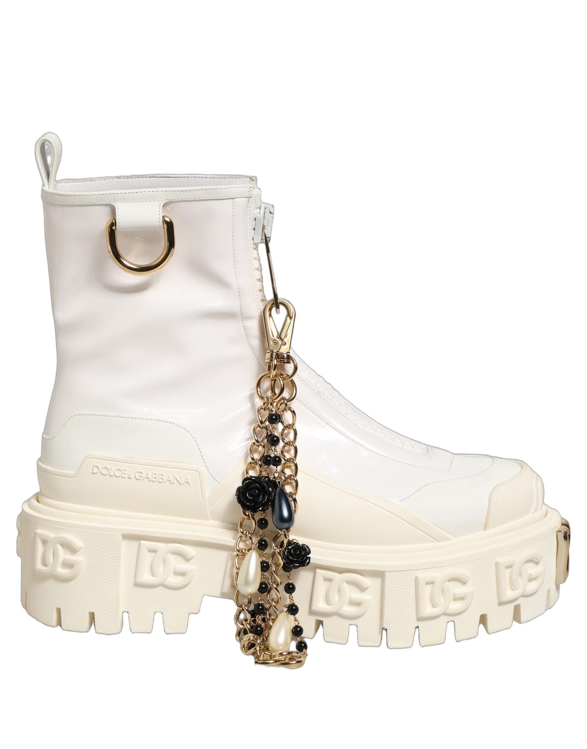 Dolce & Gabbana White Leather Rubber Logo Ankle Boots Women's Shoes