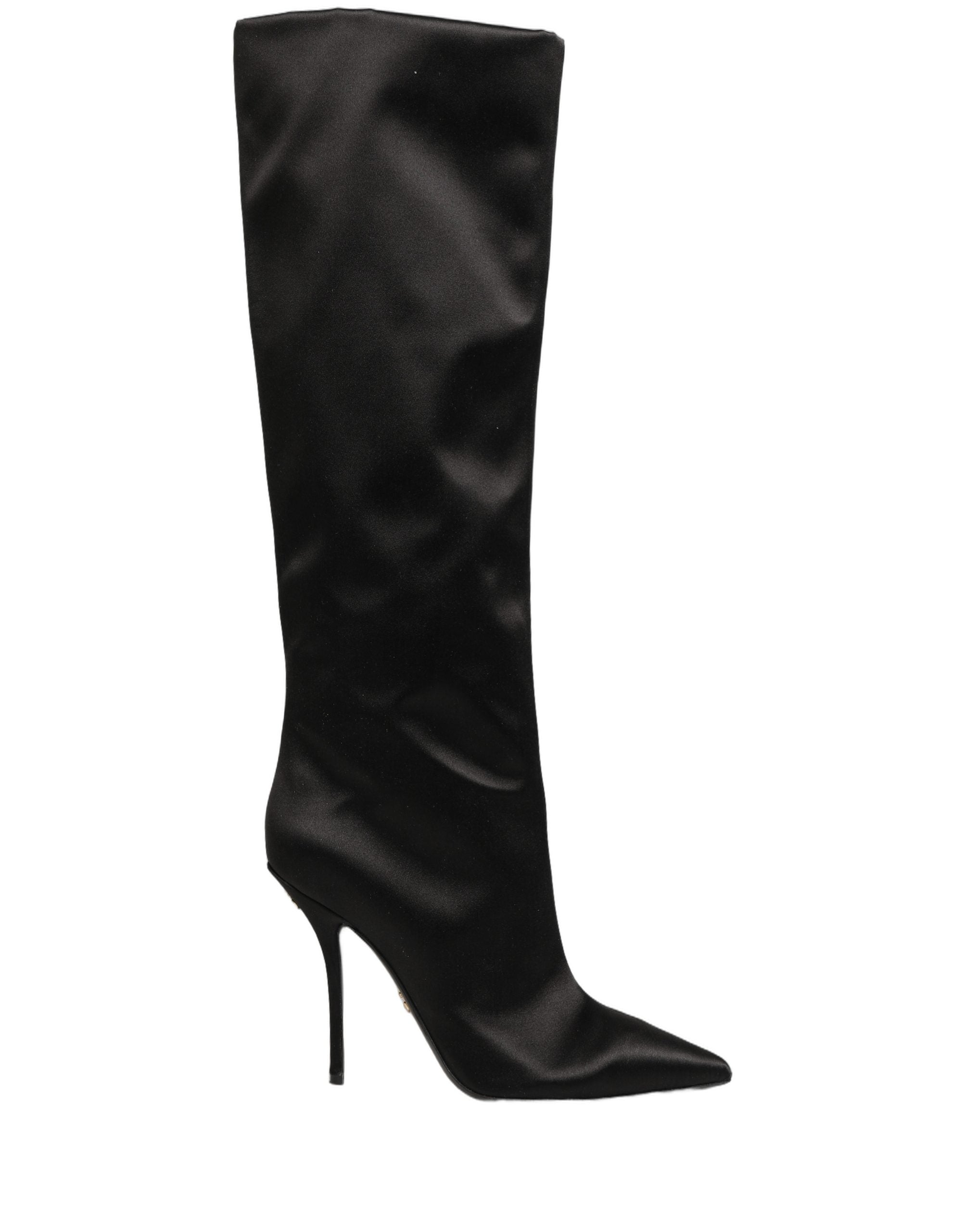Dolce & Gabbana Black Satin Knee High Stiletto Boots Women's Shoes